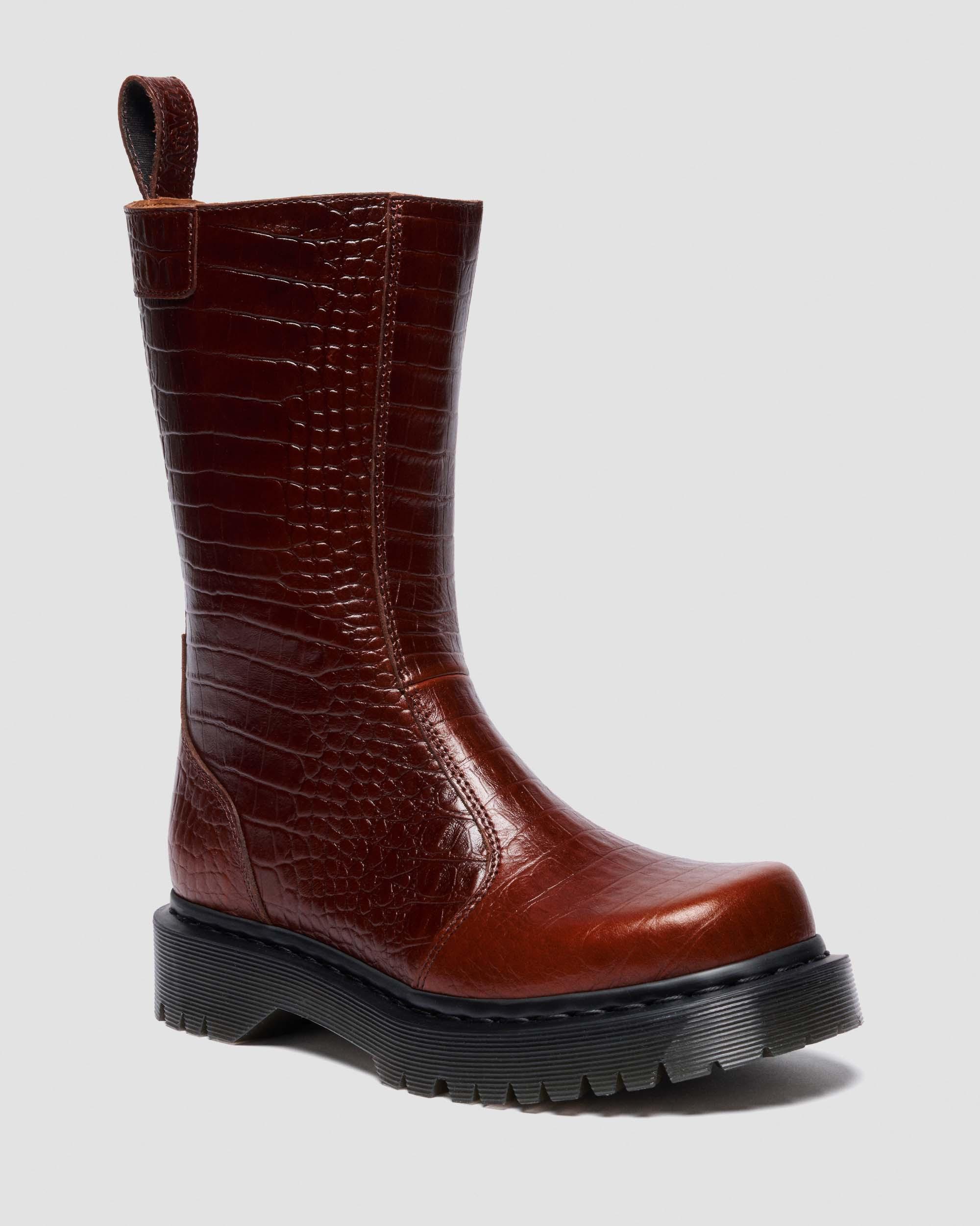 REJENA  CROC EMBOSS  LEATHER BOOTS in MOCHA BROWN