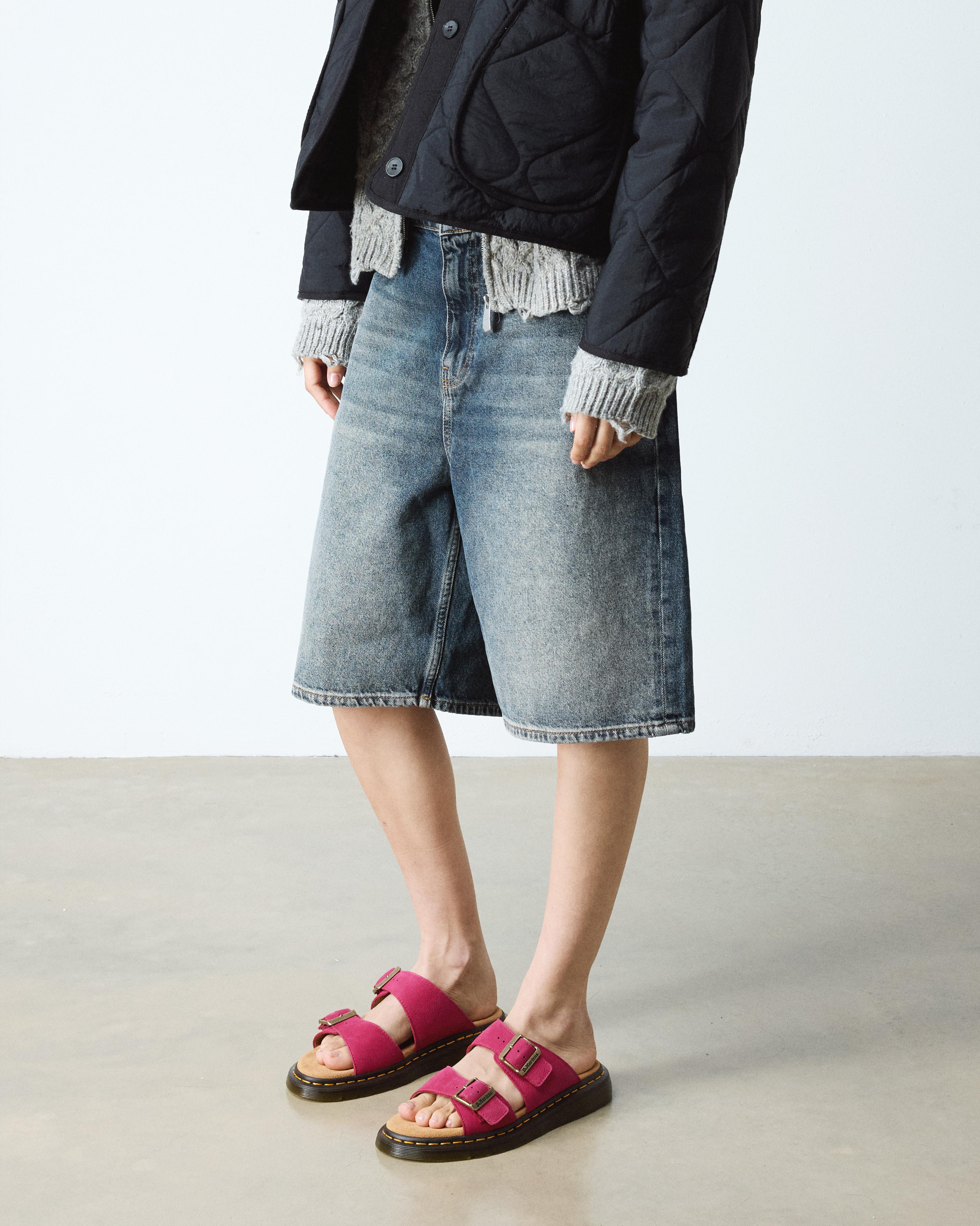 Josef Nubuck Leather Slide Sandals in Fuchsia Pink | Dr. Martens