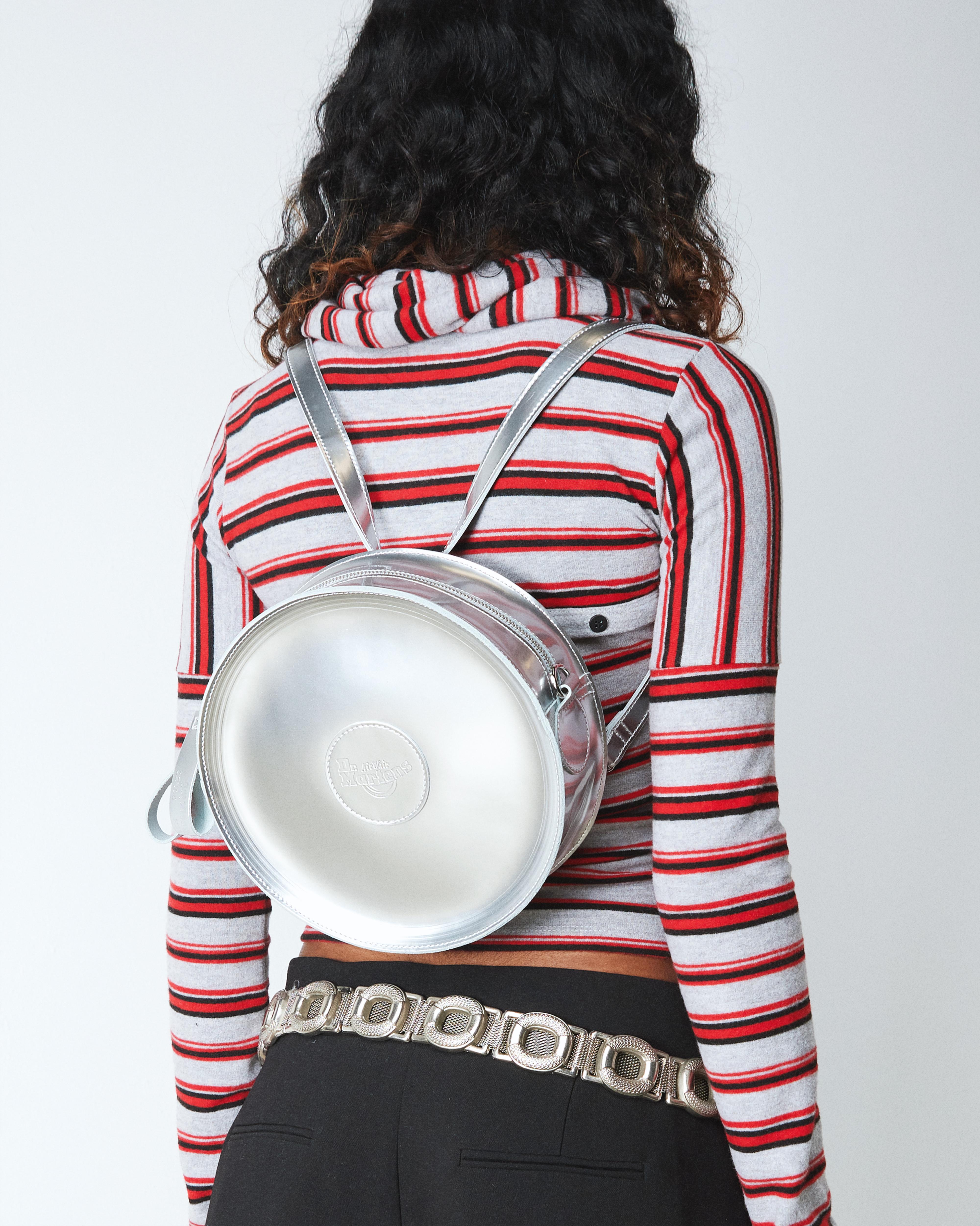 Metallic Round Backpack in Silver Metallic