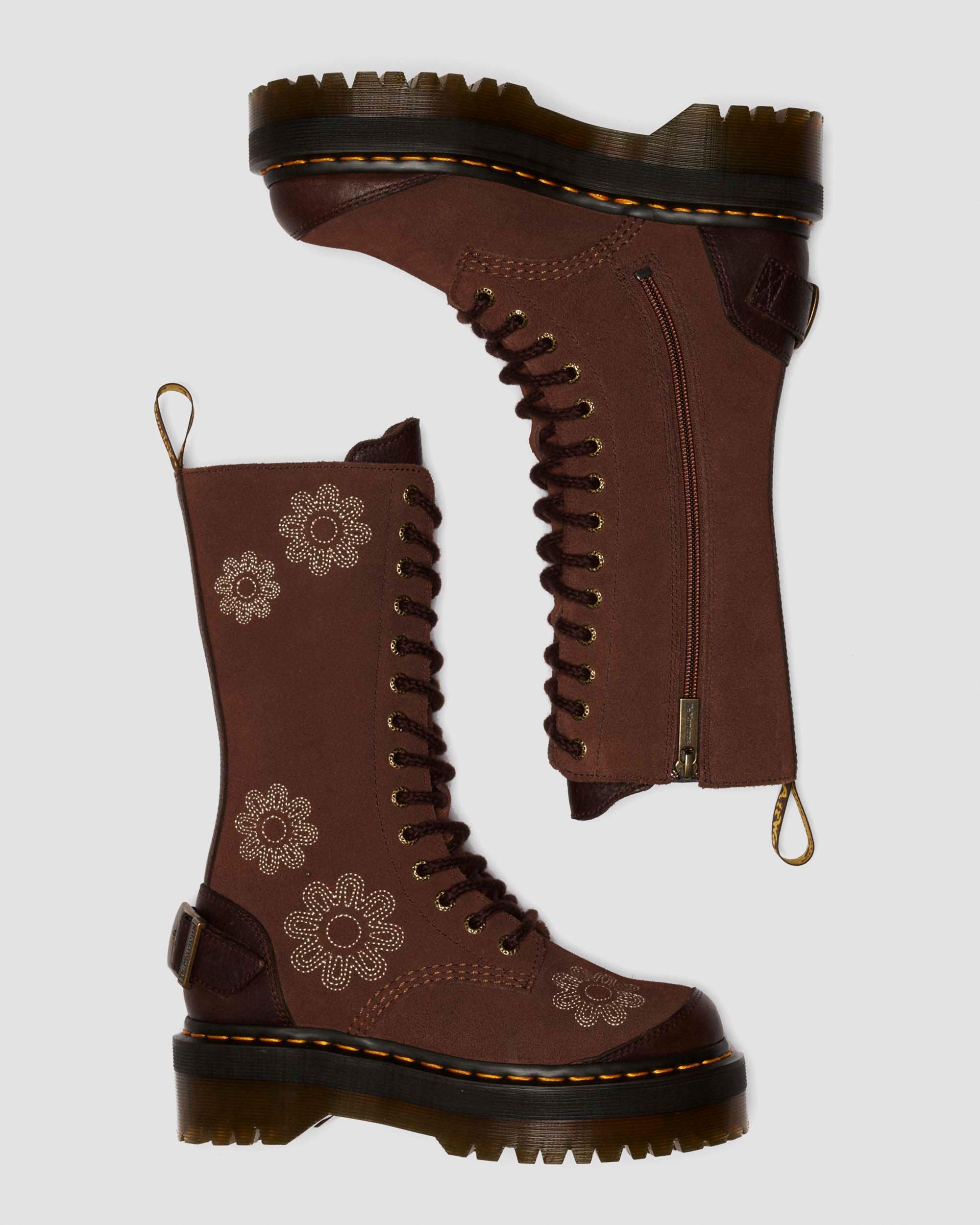 1B99 Dunnet Flower suede platform boots in Dark Brown