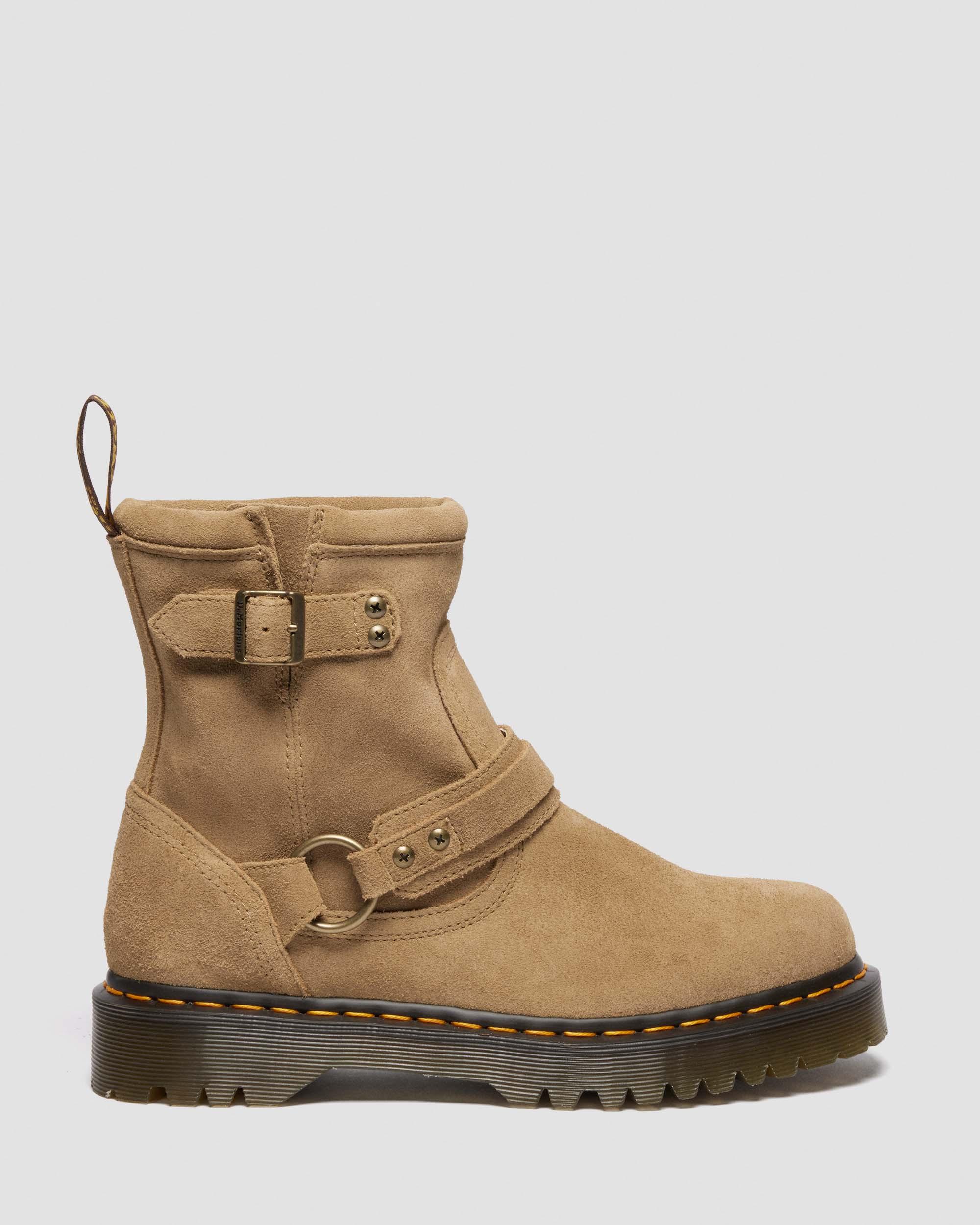 Dr. Martens Anistone Harness Suede Biker Boots In Brown