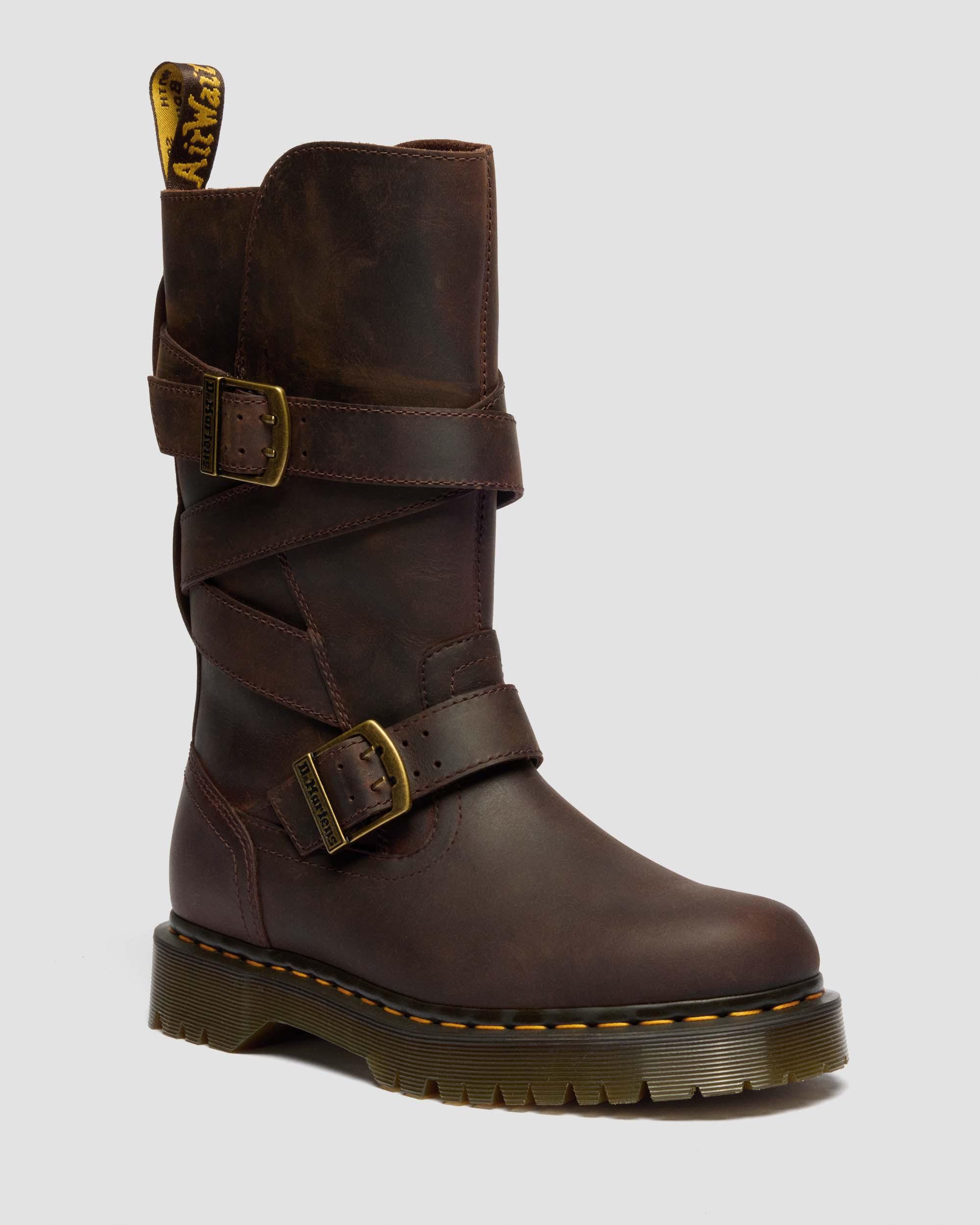 Dr. Martens Anistone Crazy Horse Leren Biker Laarzen Met Twee Riemen in Bruin,