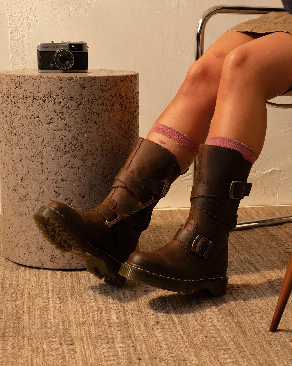 Anistone Two Strap Crazy Horse Leather Biker Boots in Dark Brown