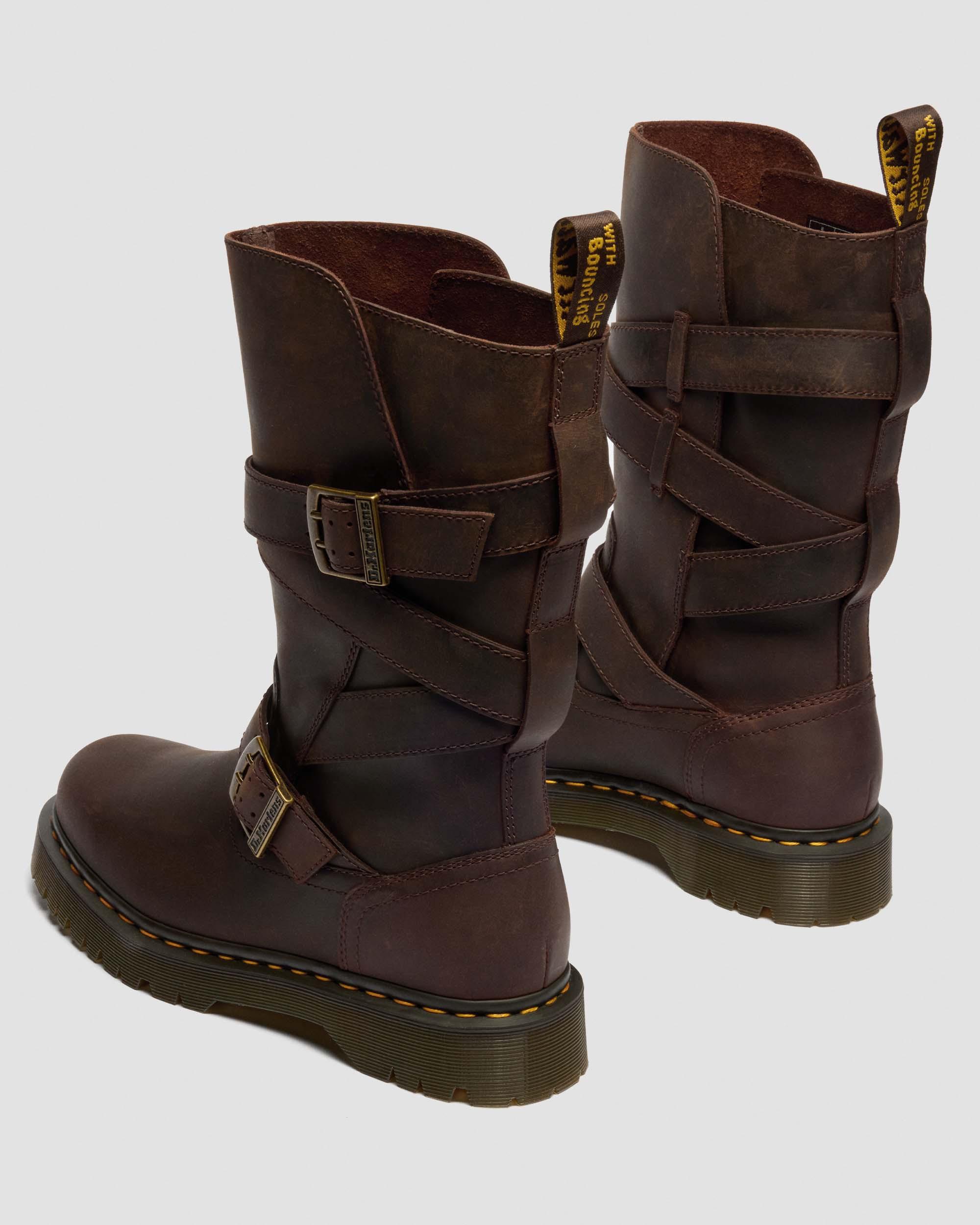 Anistone Two Strap Crazy Horse Leather Biker Boots in Dark Brown