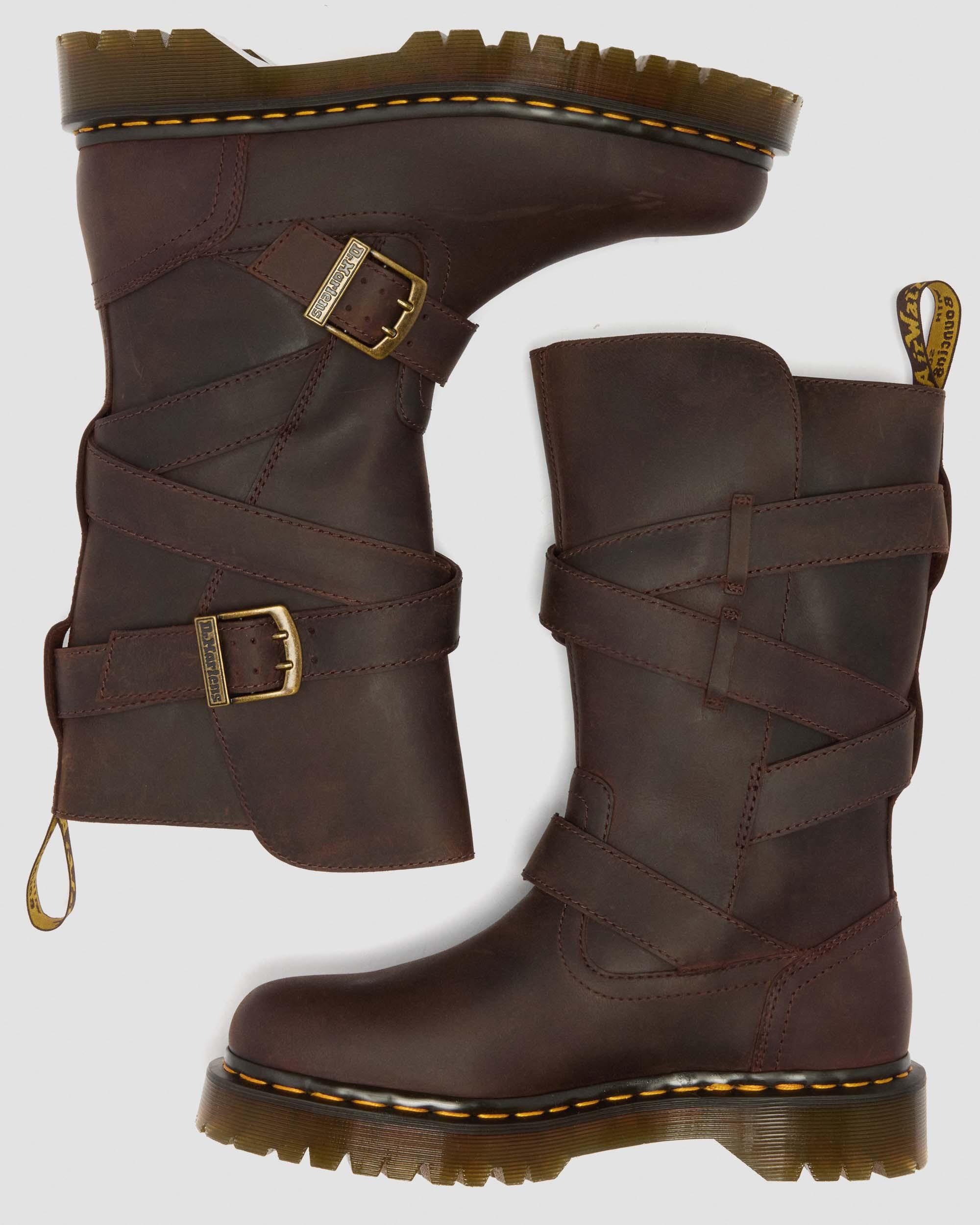 Anistone Two Strap Crazy Horse Leather Biker Boots in Dark Brown