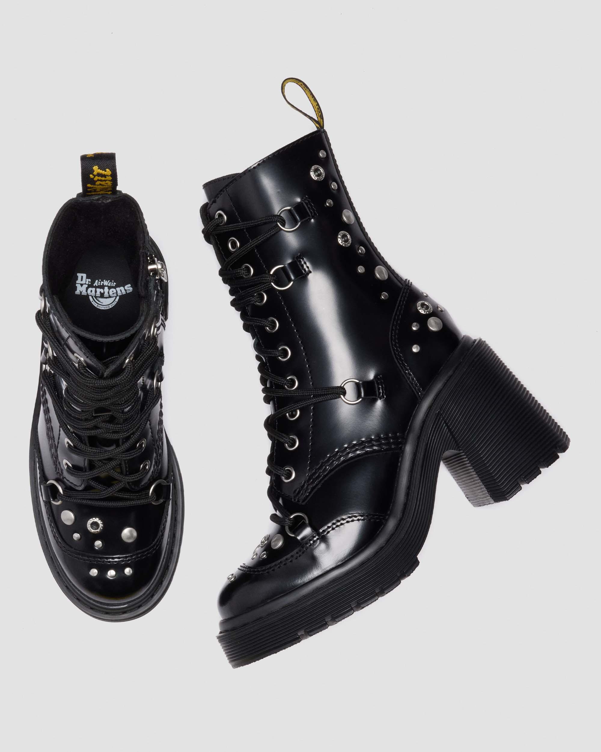 CHESNEY STUDDED BUTTERO LEATHER FLARE HEEL BOOTS in Black Buttero