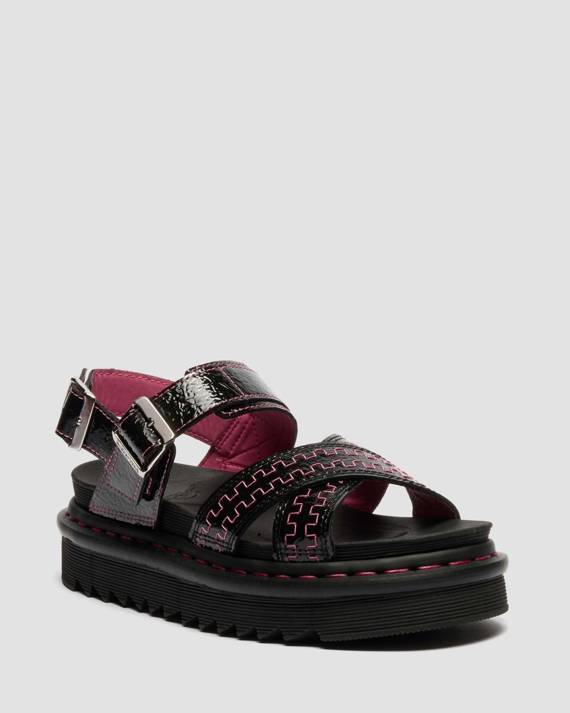 靴 Dr.Martens VOSS PATENT LAMPER Voss II Distressed Patent Leather Sandals in BLACK | Dr. Martens™