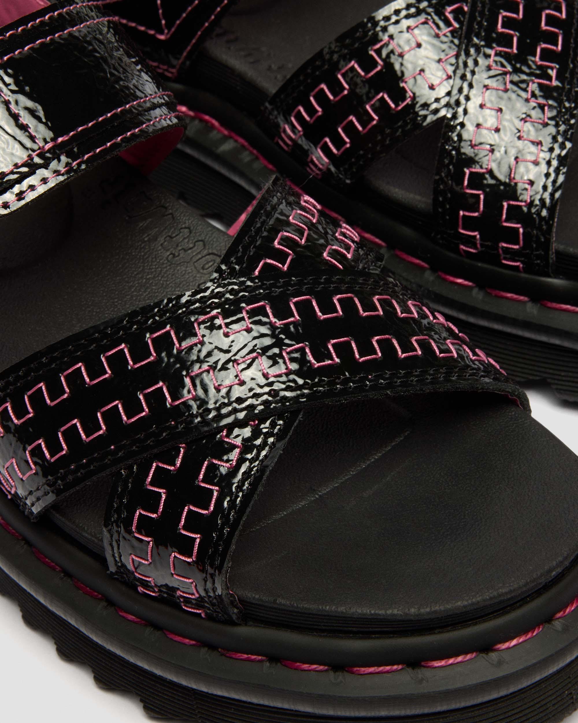 Voss II Distressed Patent Leather Sandals in Black | Dr. Martens