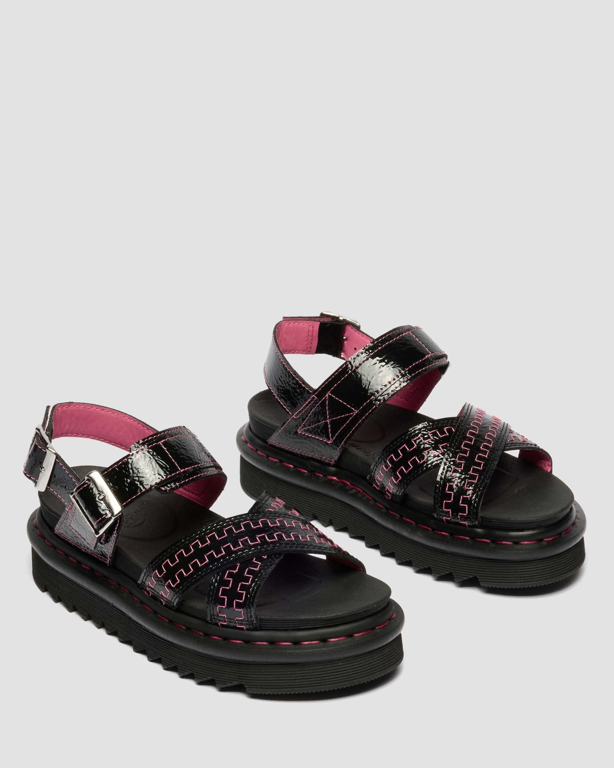 Voss II Distressed Patent Leather Sandals in Black | Dr. Martens
