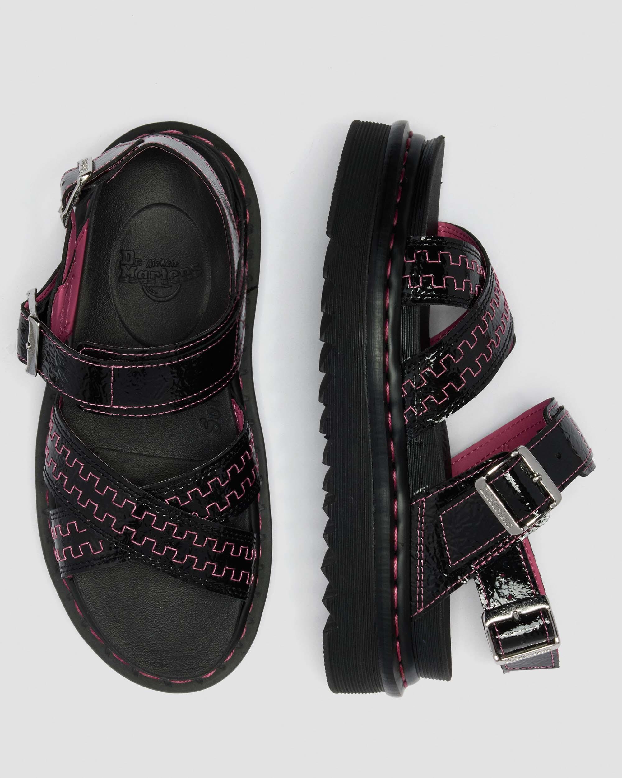 Voss II Distressed Patent Leather Sandals in Black | Dr. Martens
