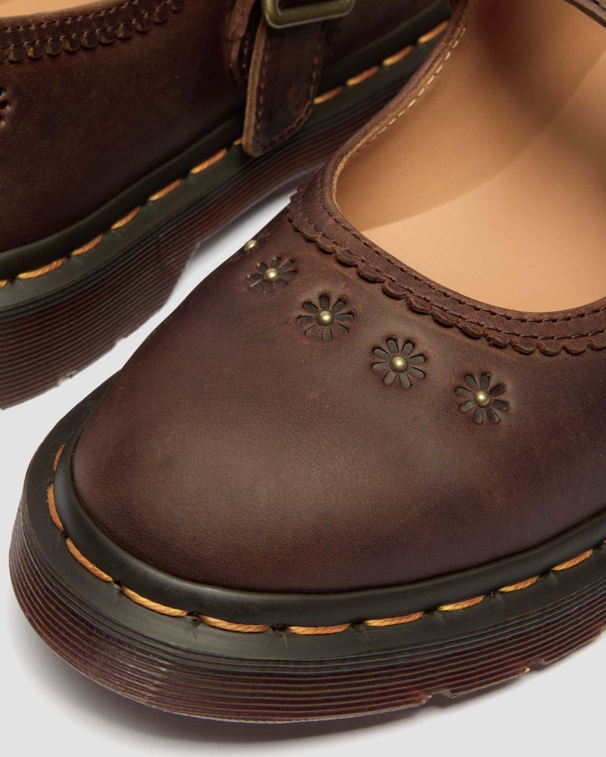 Mary Jane Flower Crazy Horse Leather Shoes in Dark Brown | Dr. Martens