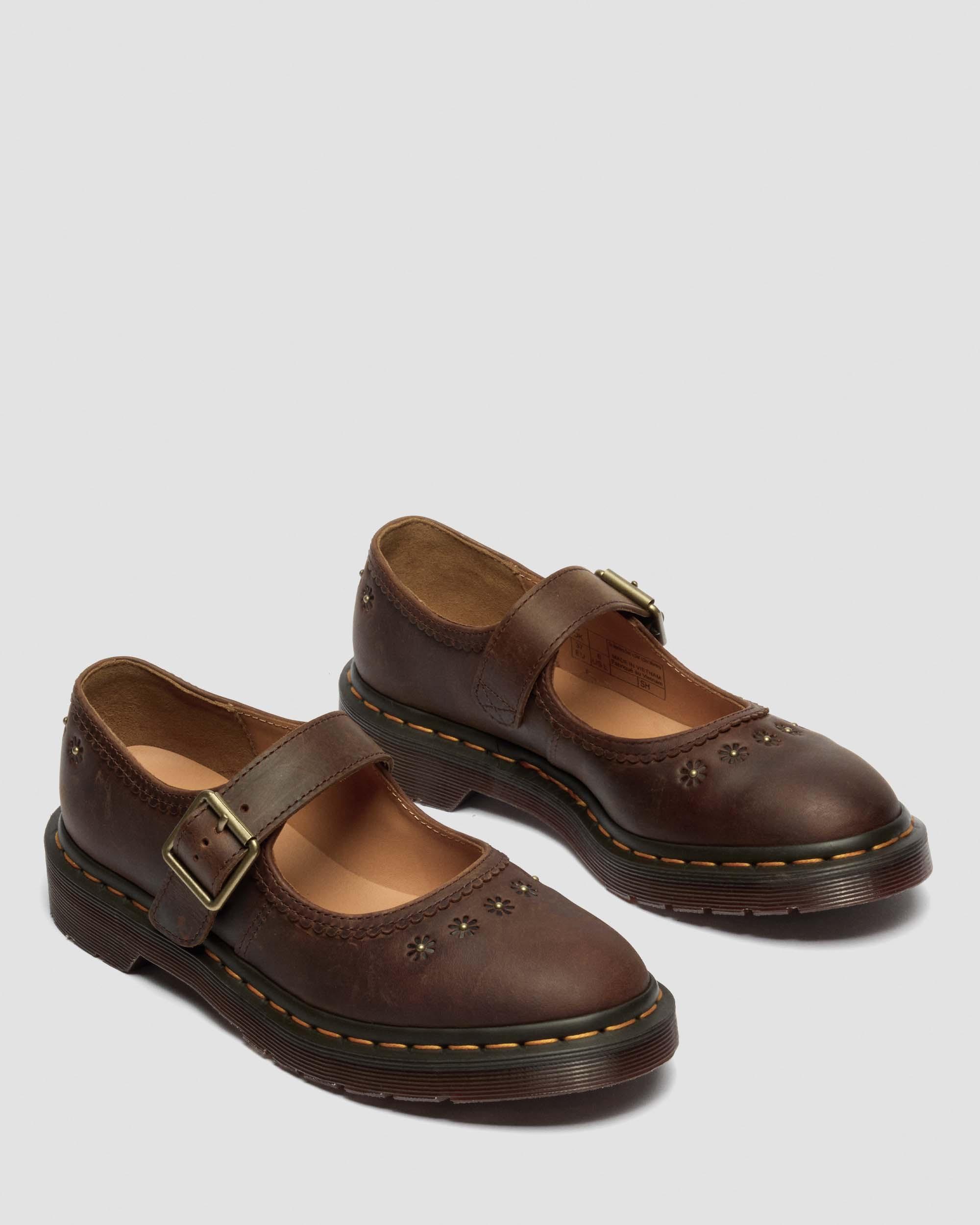 Mary Jane Flower Crazy Horse Leather Shoes in Dark Brown