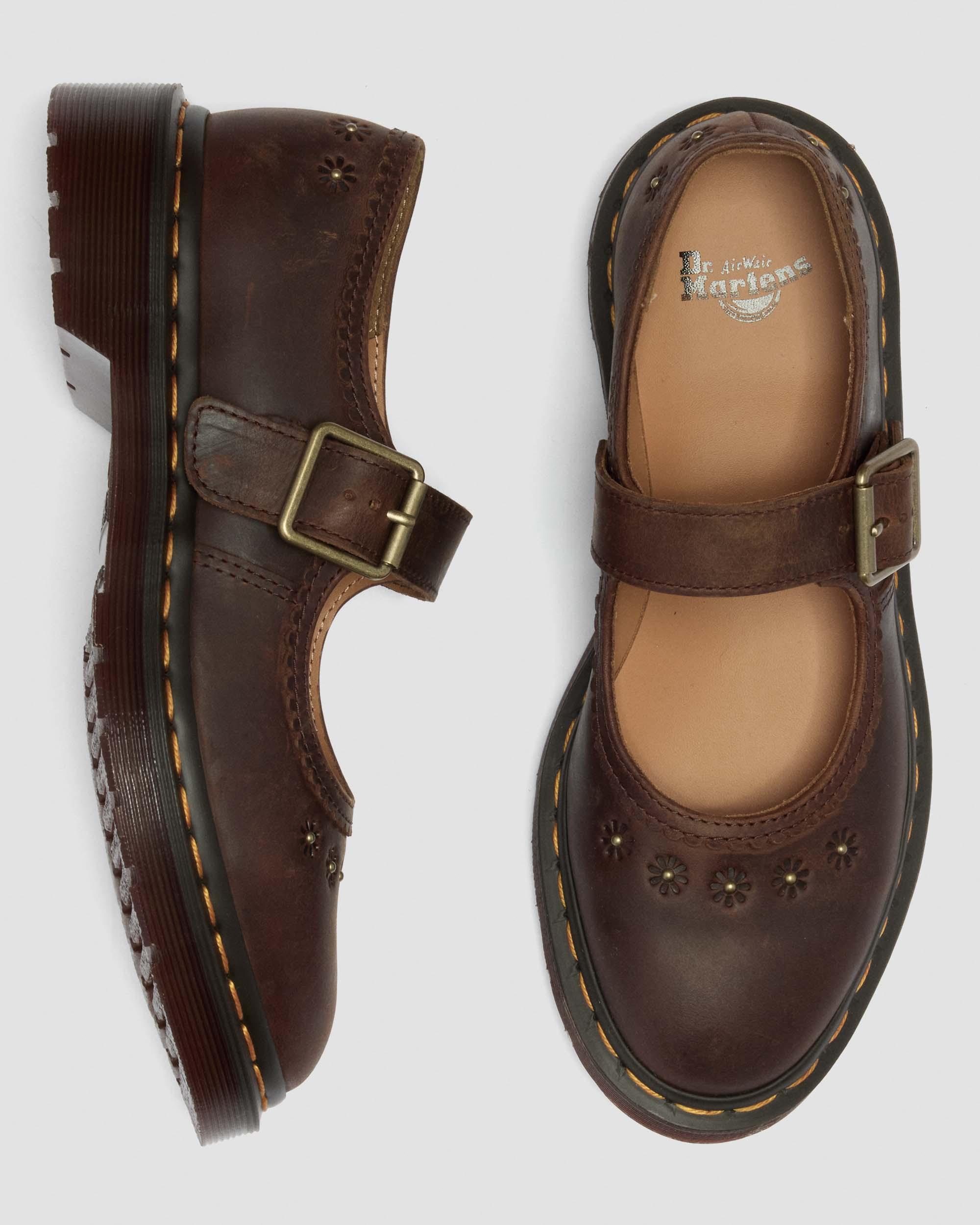 Mary Jane Flower Crazy Horse Leather Shoes in Dark Brown