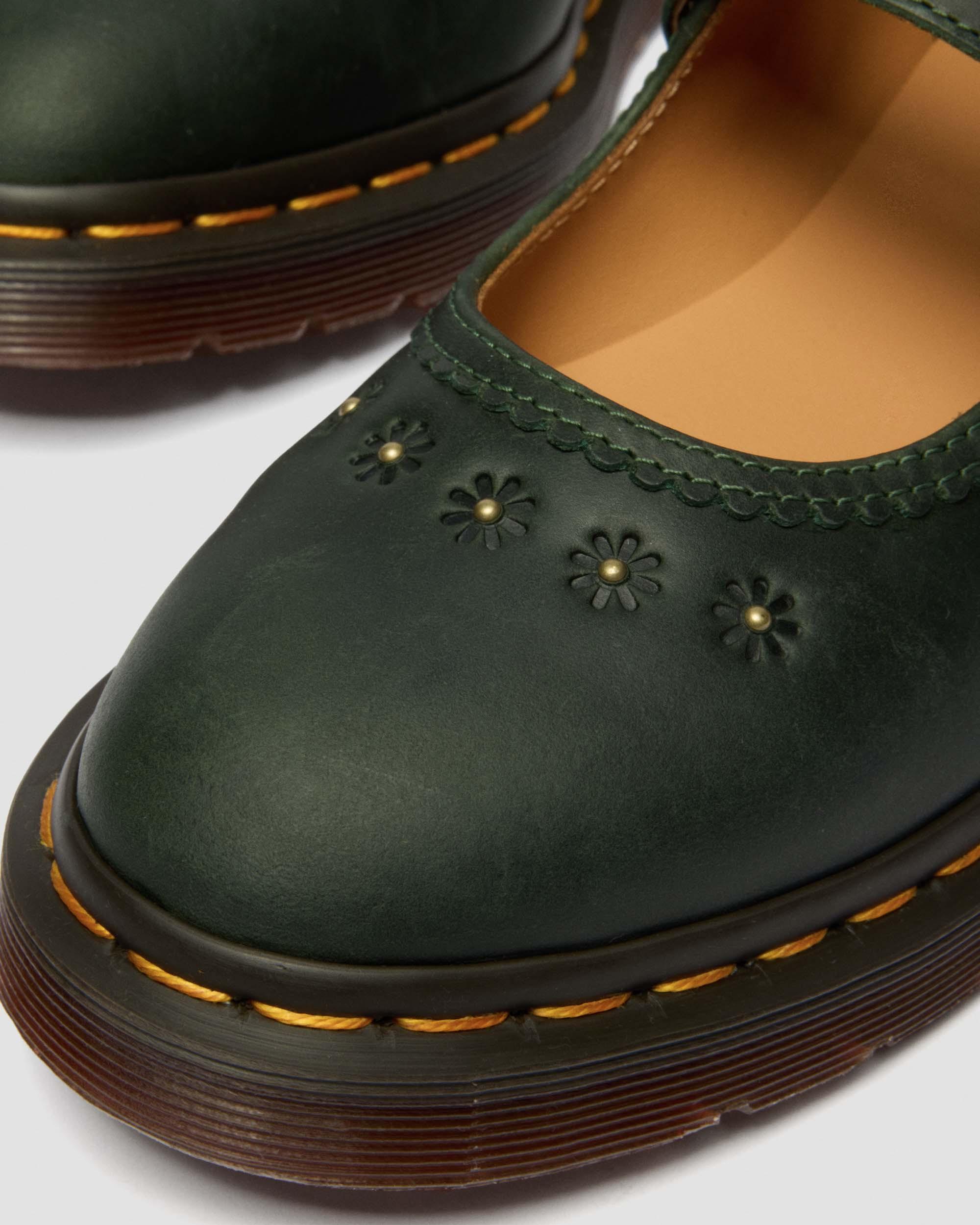 Mary Jane Flower Crazy Horse Leather Shoes in DMs Green