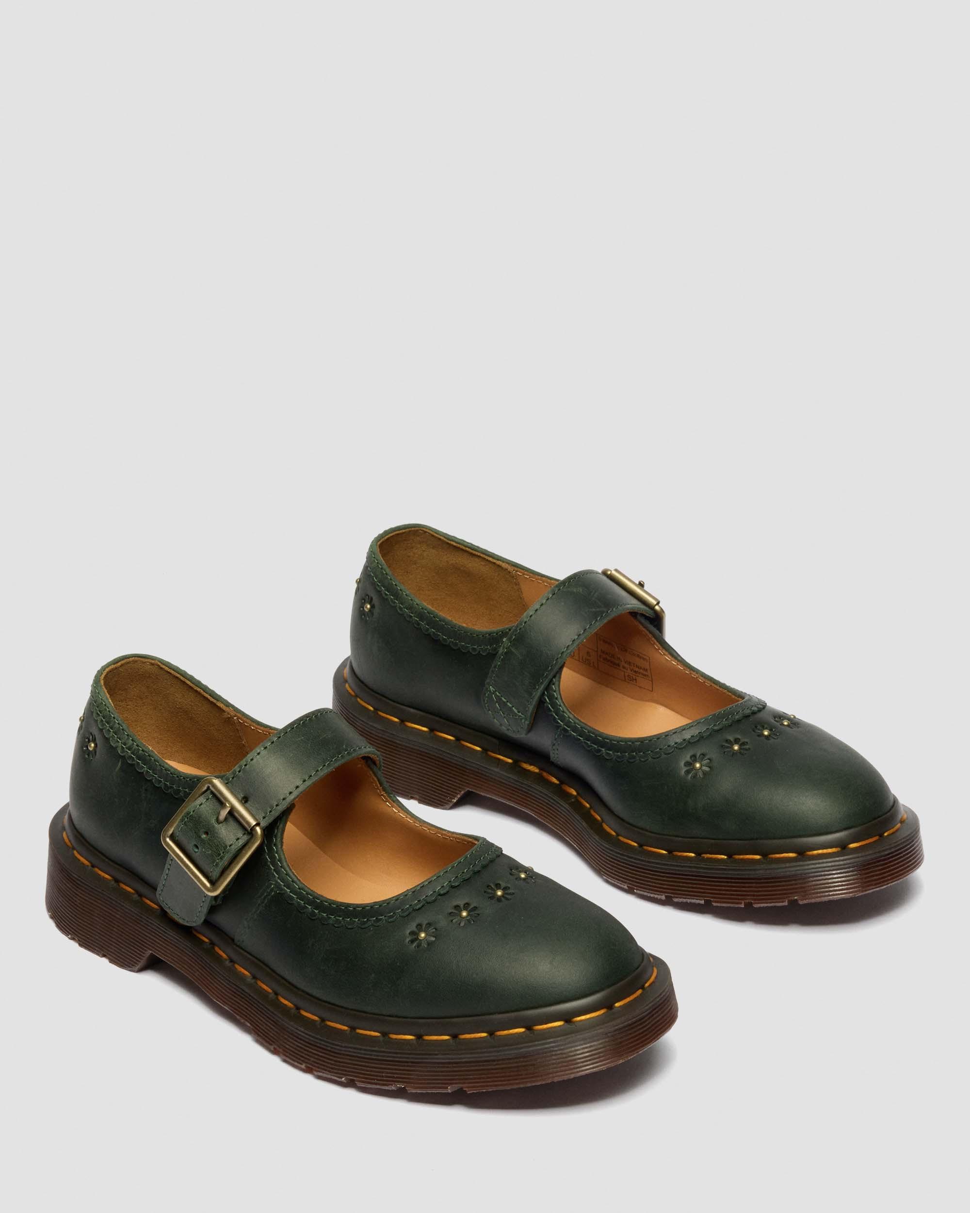 Mary Jane Flower Crazy Horse Leather Shoes in DMs Green