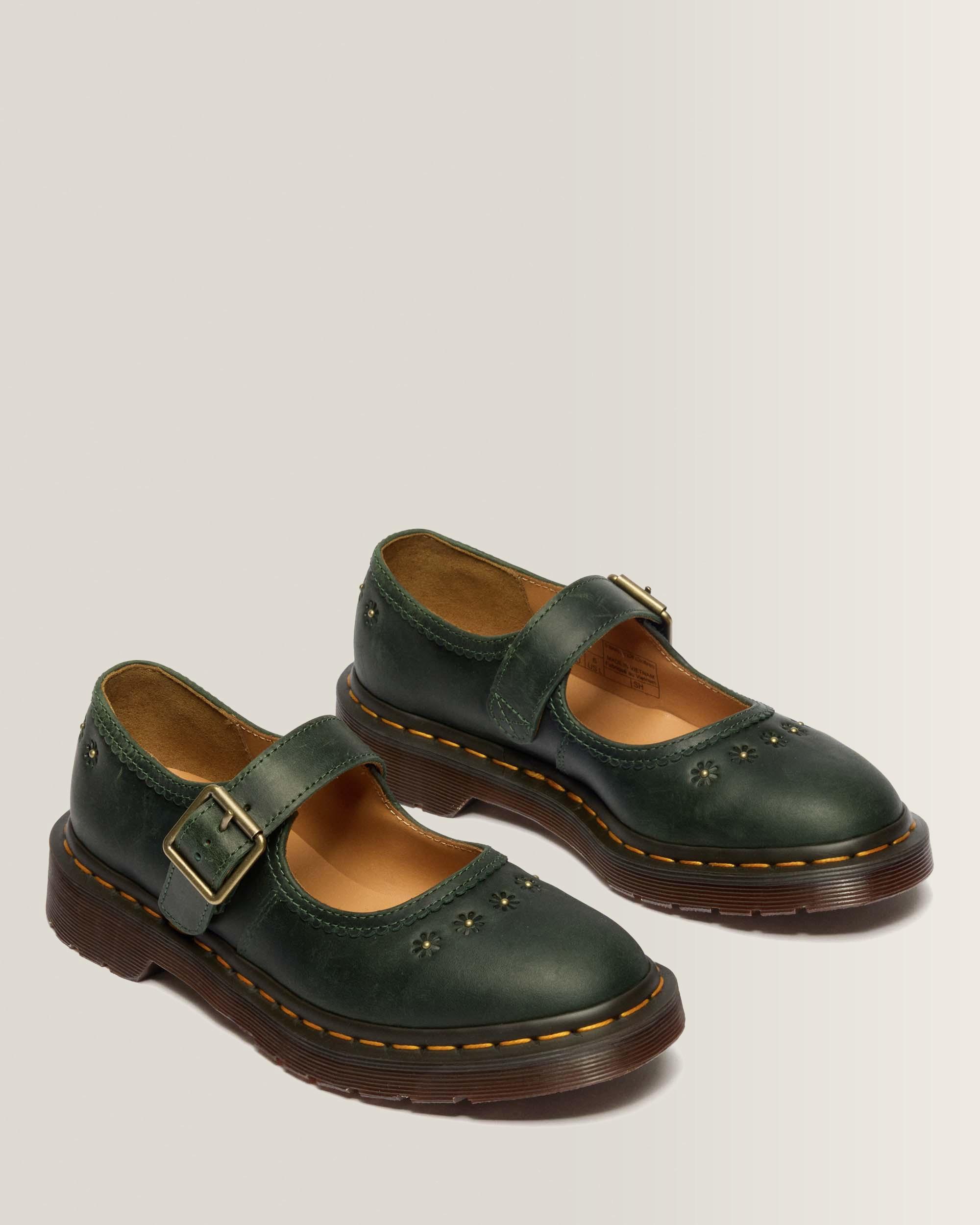 Mary Jane Flower Crazy Horse Leather Shoes in DMs Green | Dr. Martens™