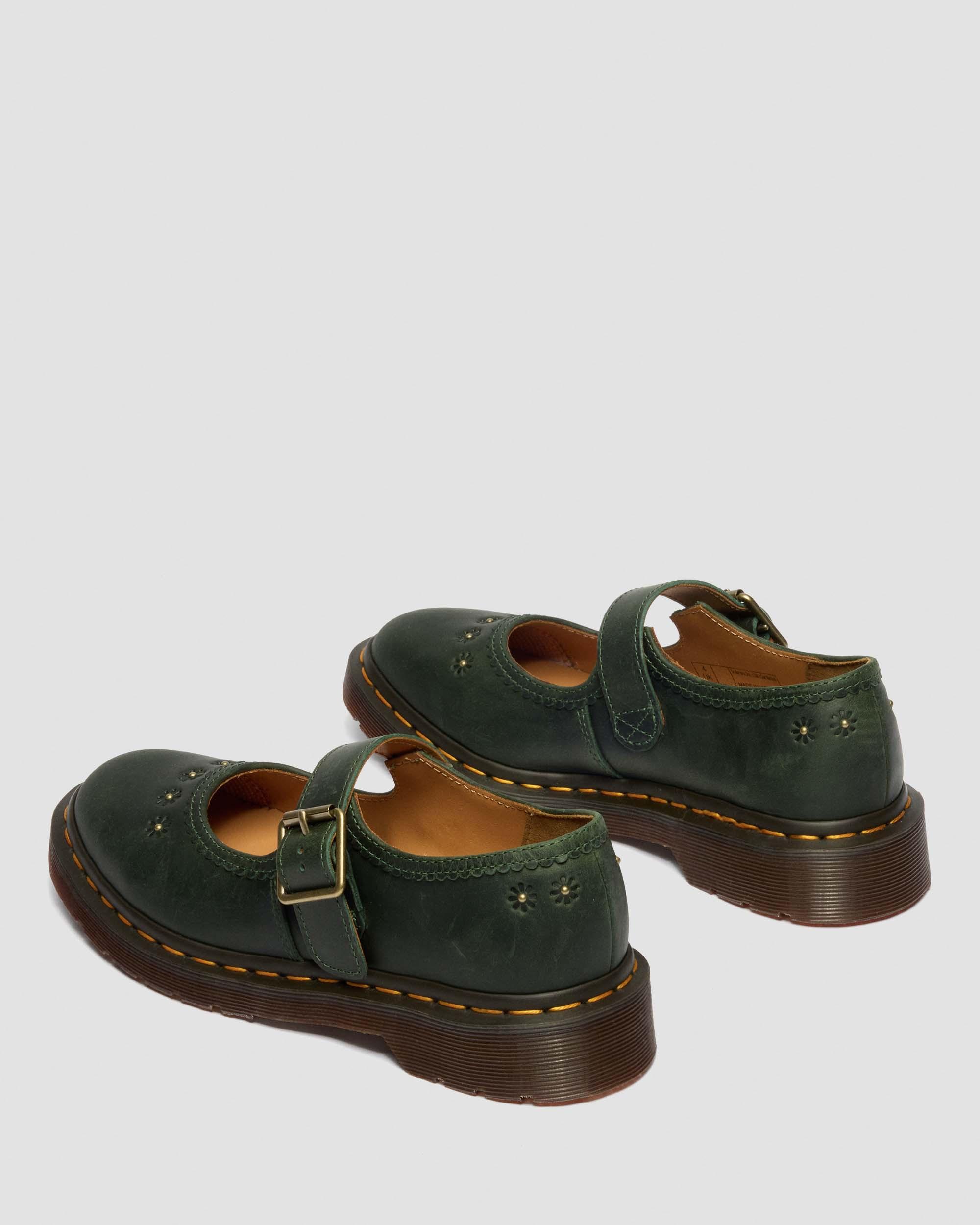 Mary Jane Flower Crazy Horse Leather Shoes in DMs Green
