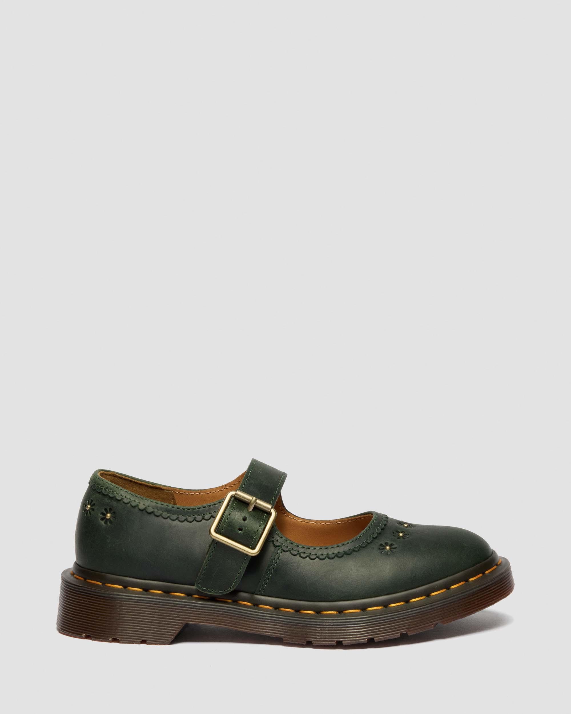 Mary Jane Flower Crazy Horse Leather Shoes in DMs Green