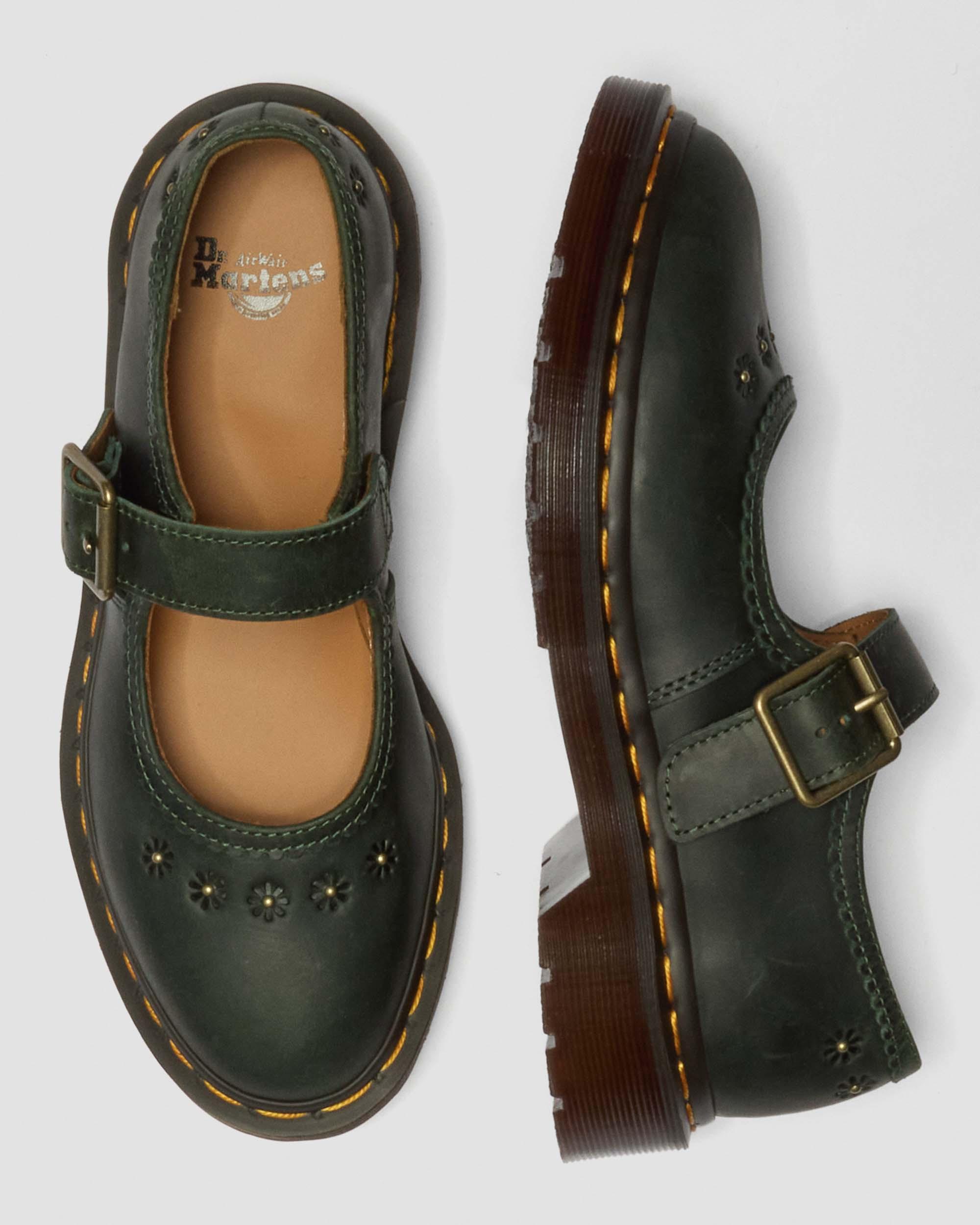 Mary Jane Flower Crazy Horse Leather Shoes in DMs Green