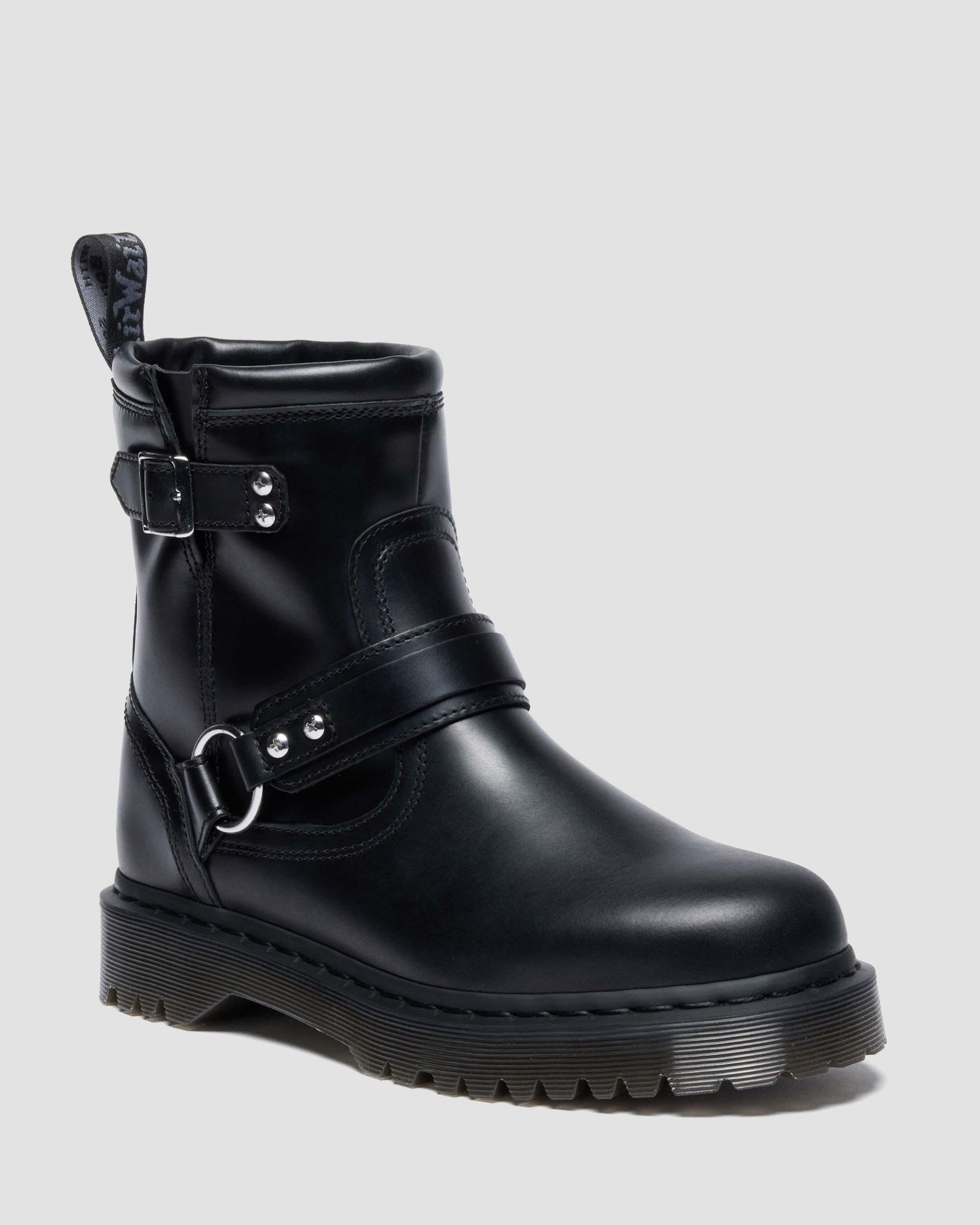 Dr. Martens Anistone Harness Orleans Leather Biker Boots In Black