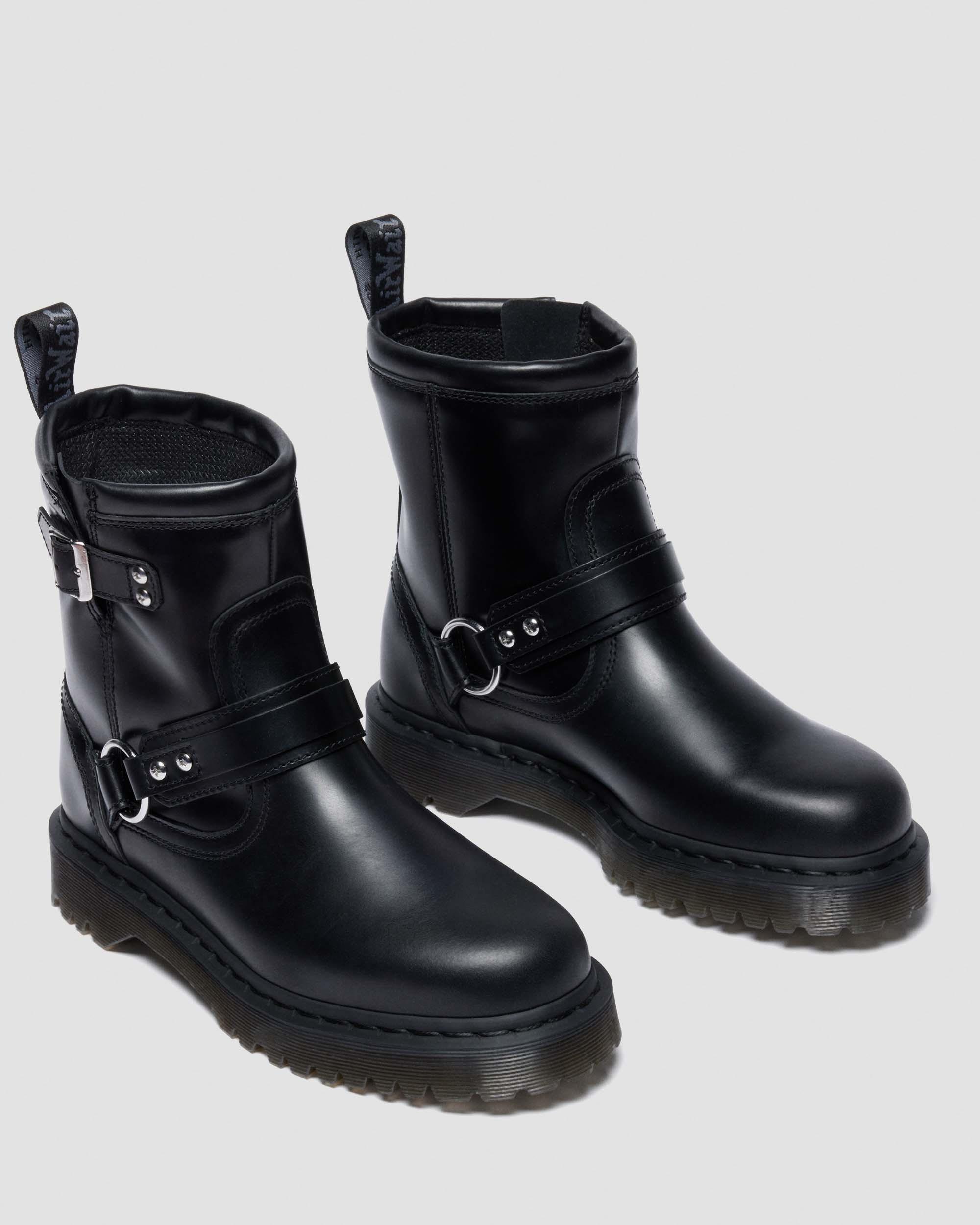 Dr. Martens Anistone Harness Orleans Leather Biker Boots In Black
