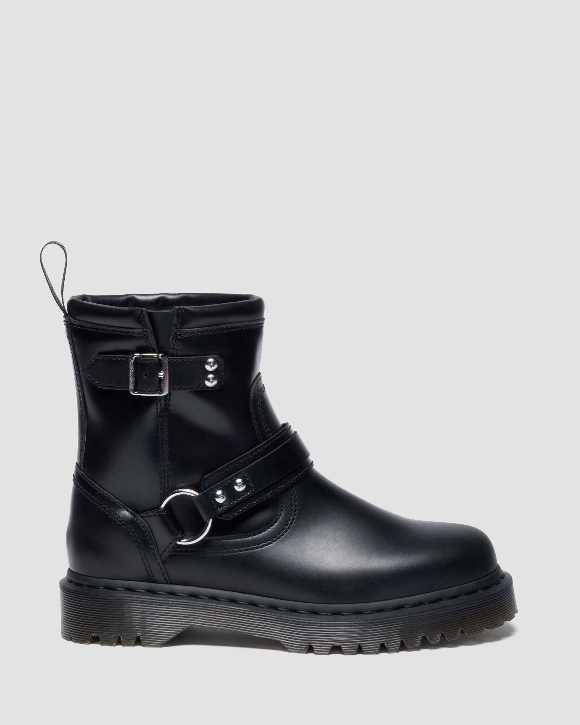 Dr. Martens Anistone Harness Orleans Leather Biker Boots In Black