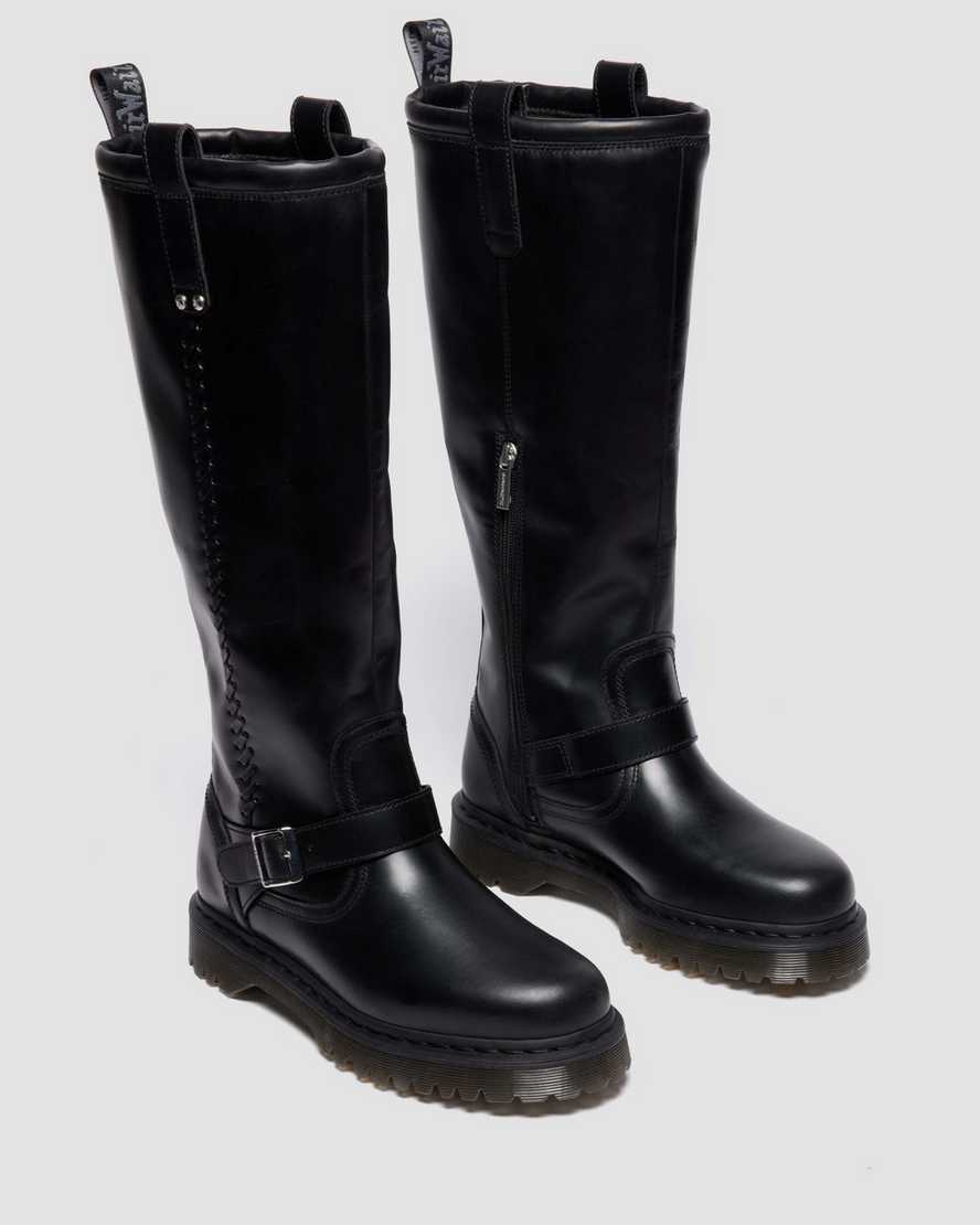 Dr. Martens Anistone Knee High Orleans Leather Biker Boots In Black