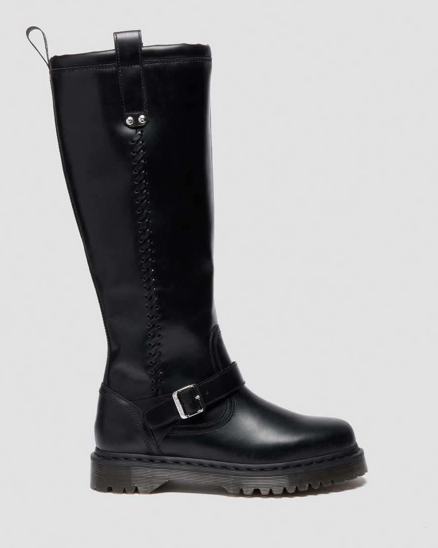 Dr. Martens Anistone Knee High Orleans Leather Biker Boots In Black