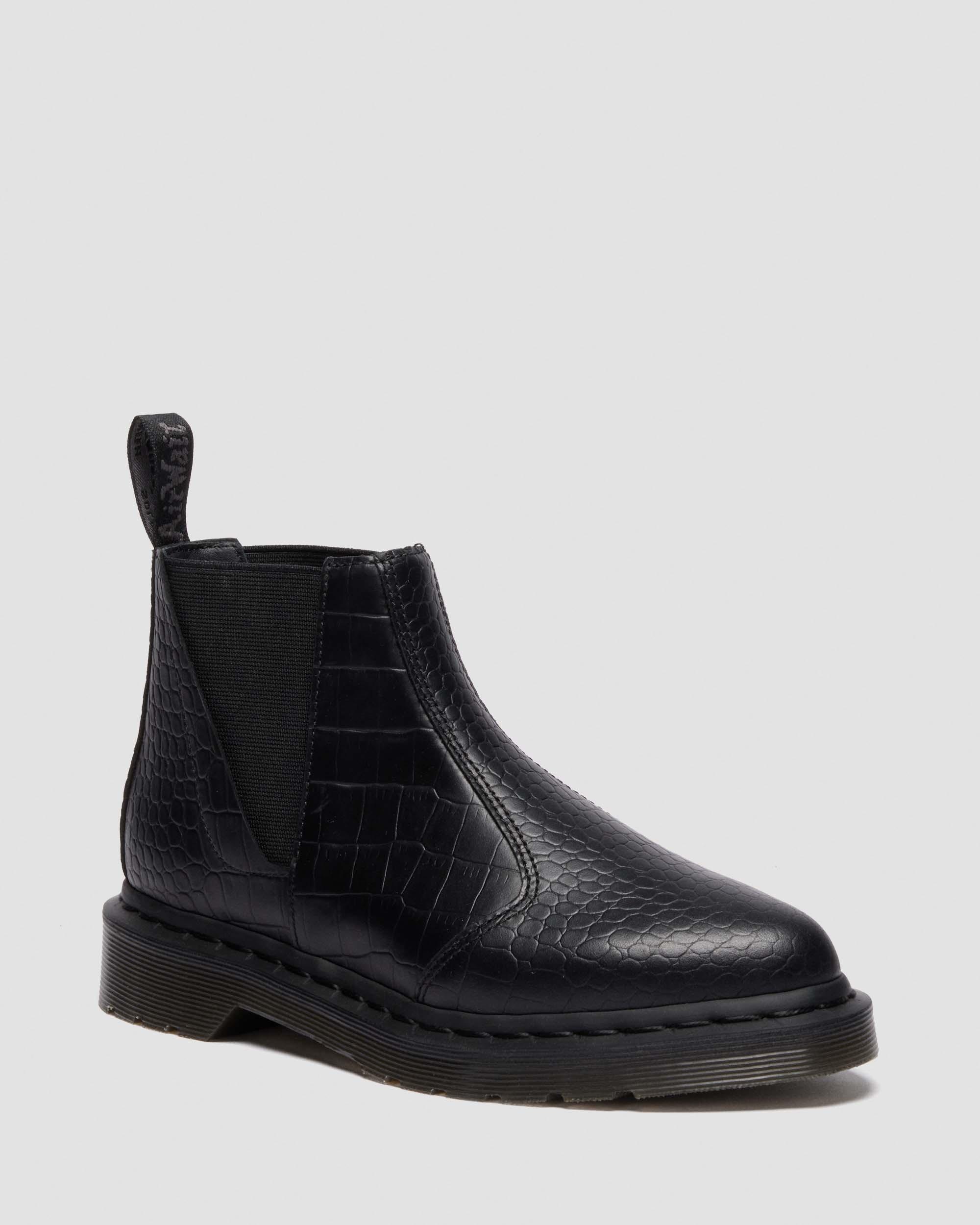 Bianca II Tapered Croc Emboss Leather Lo Boots in Black Martens