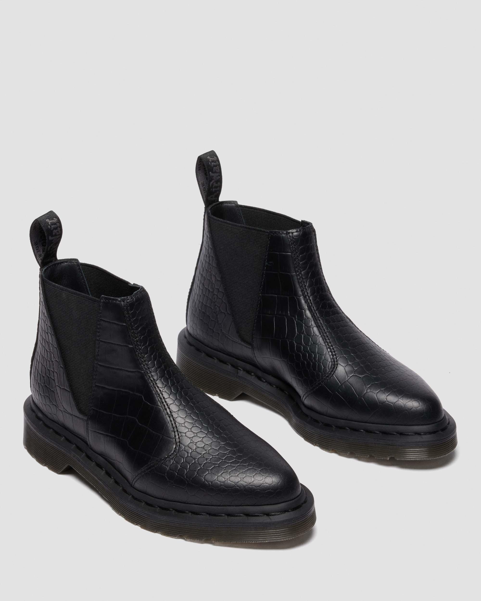 Bianca II Tapered Croc Emboss Leather Lo Boots in Black Martens