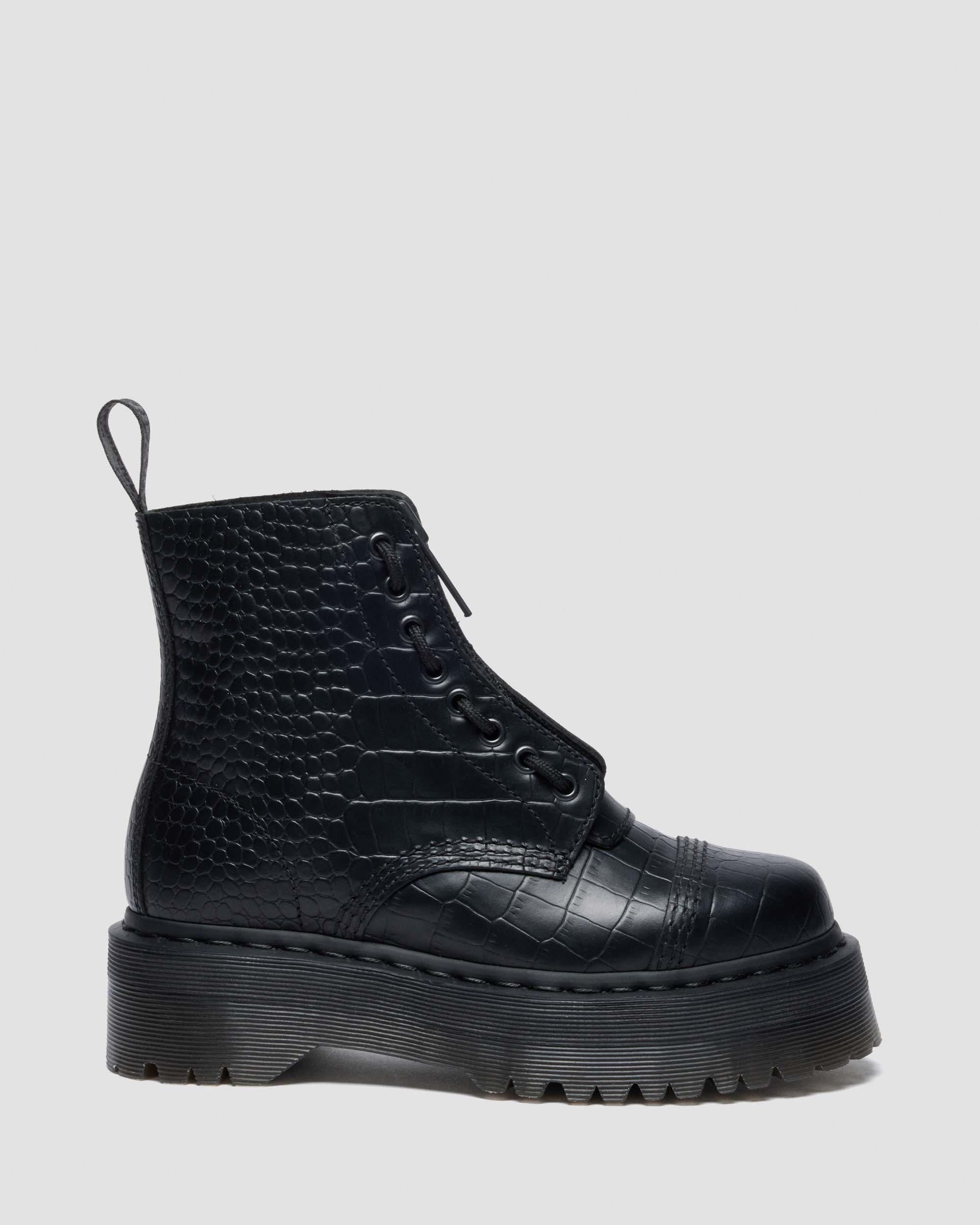 Sinclair Croc Emboss Leather Platform Boots in Black