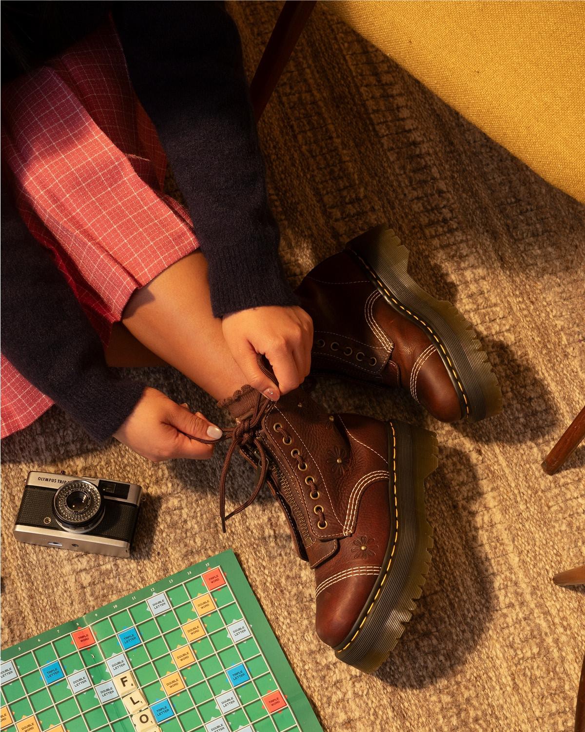 Sinclair Flower Grizzly Leather Platform Boots in Dark Brown | Dr