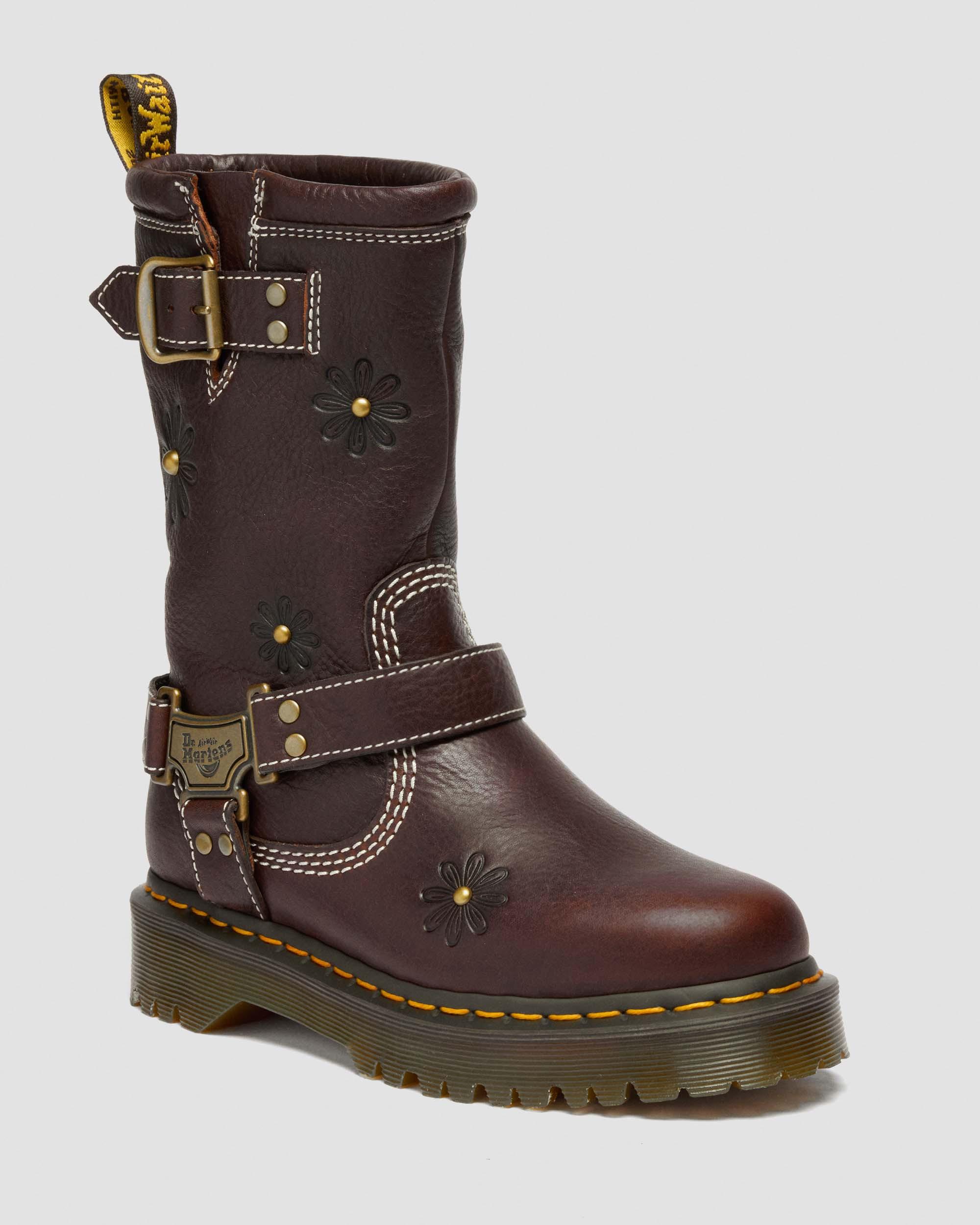 Anistone Hi Flower Leather Biker Boots in Dark Brown