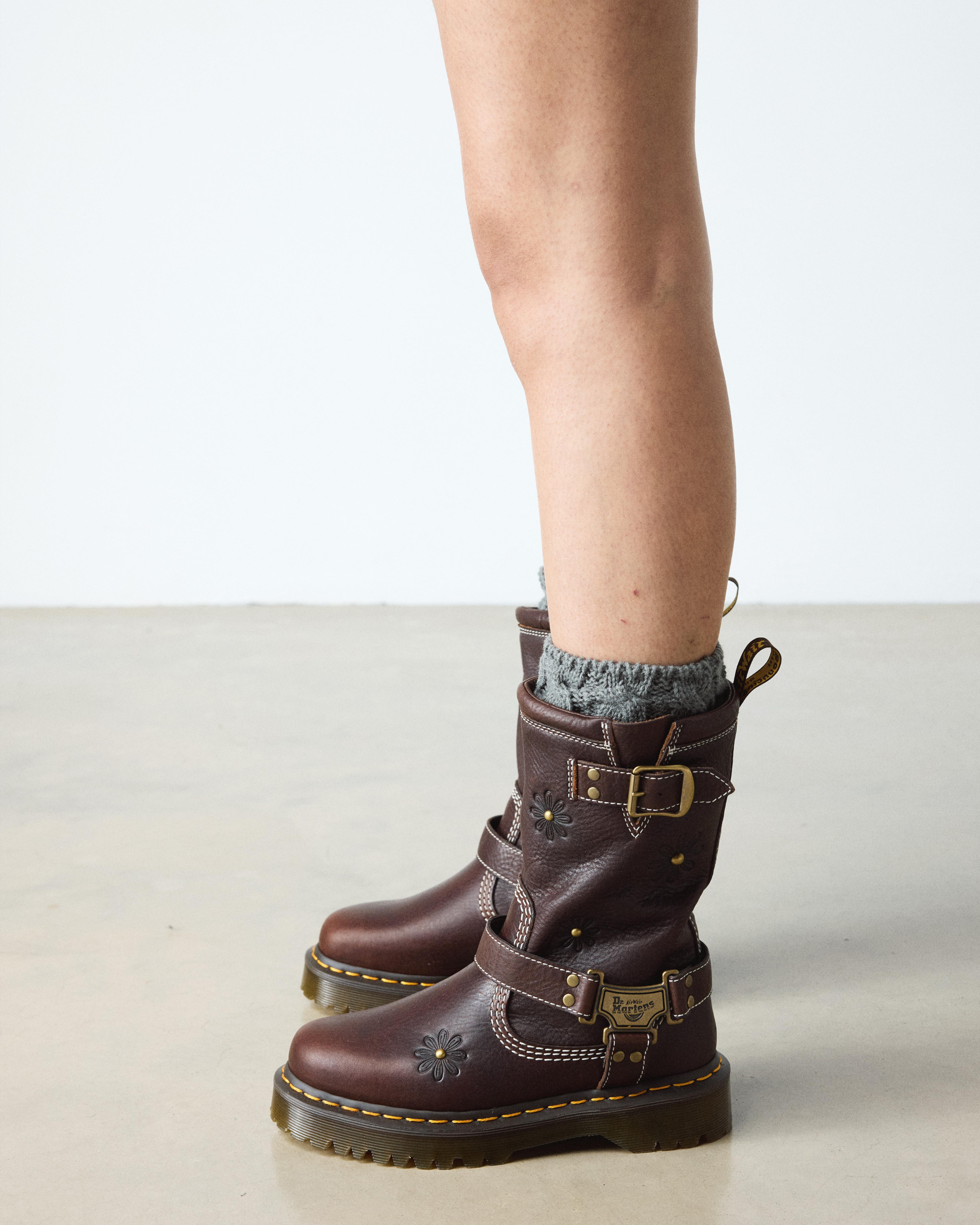 Anistone Hi Flower Leather Biker Boots in DARK BROWN | Dr. Martens™