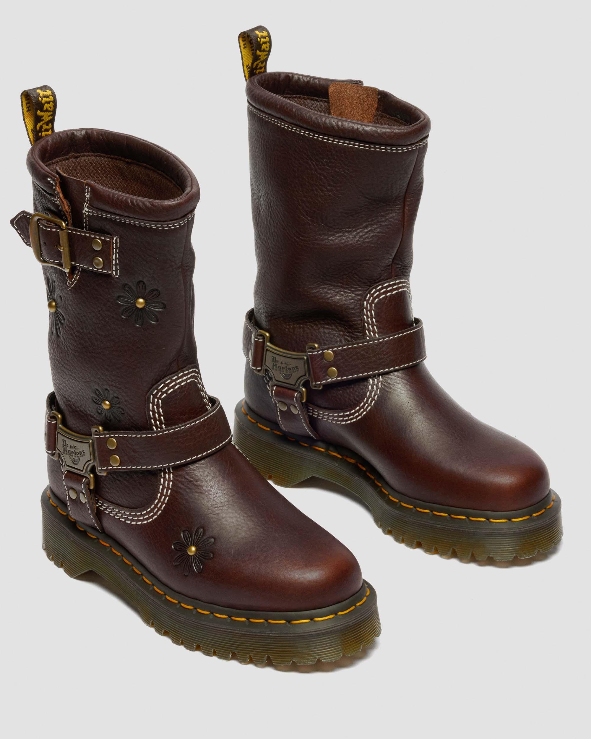 Anistone Hi Flower Leather Biker Boots in Dark Brown