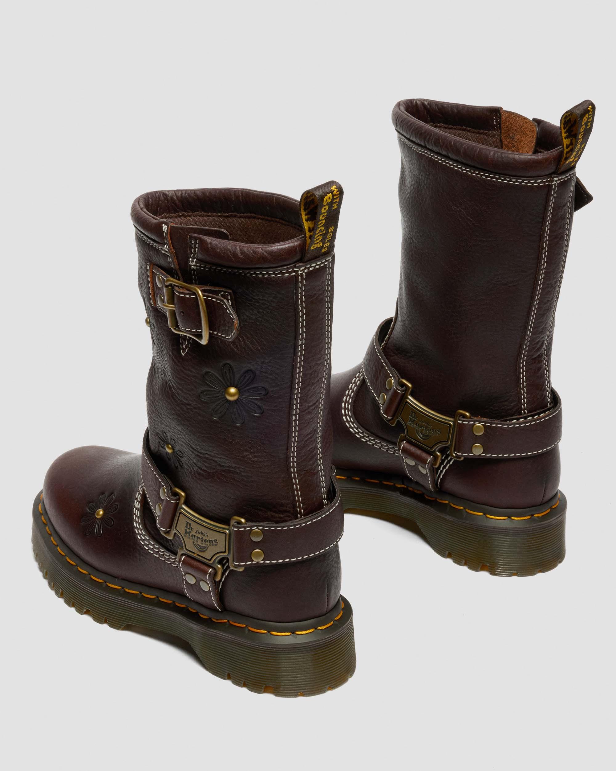 Anistone Hi Flower Leather Biker Boots in Dark Brown