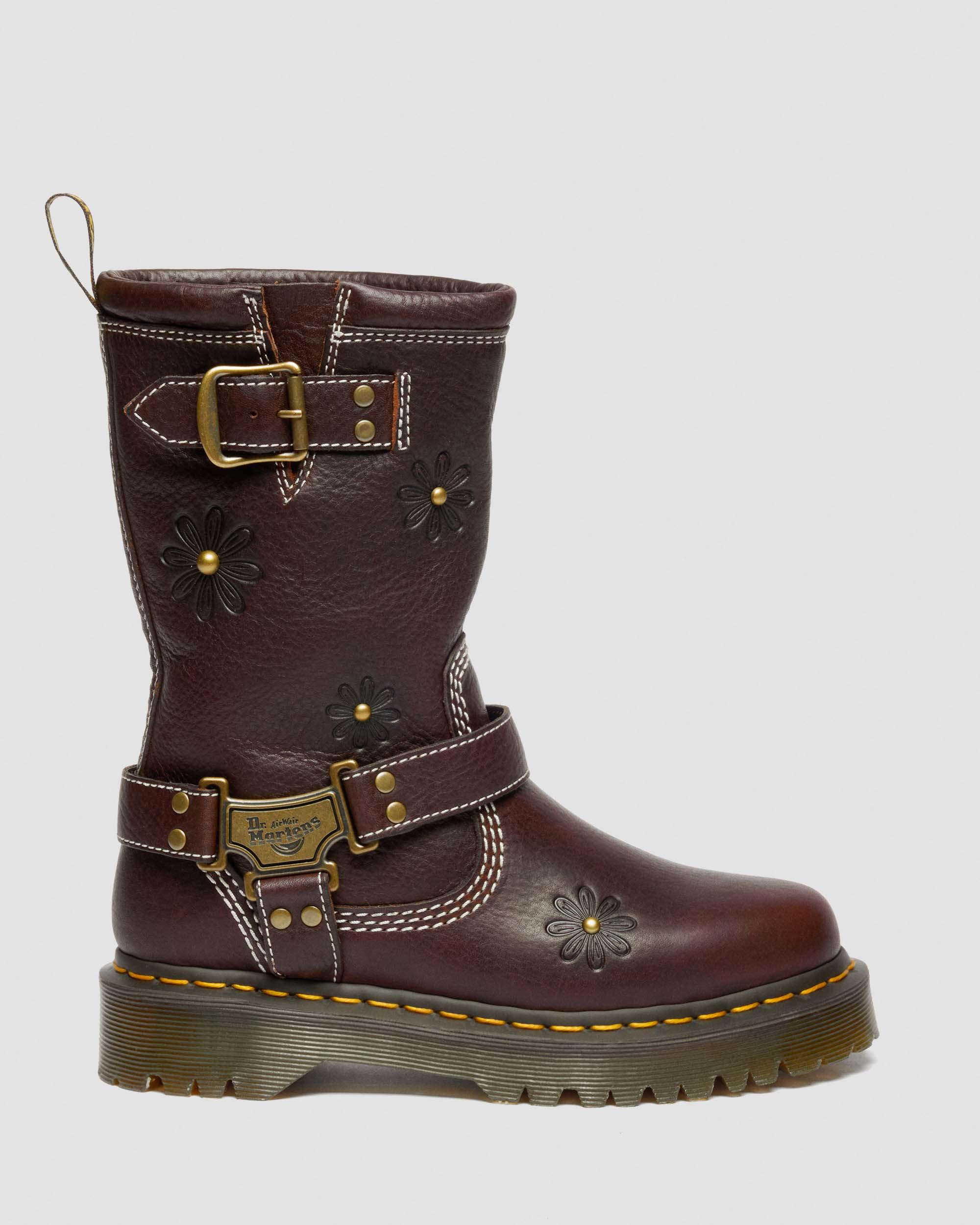 Anistone Hi Flower Leather Biker Boots in Dark Brown