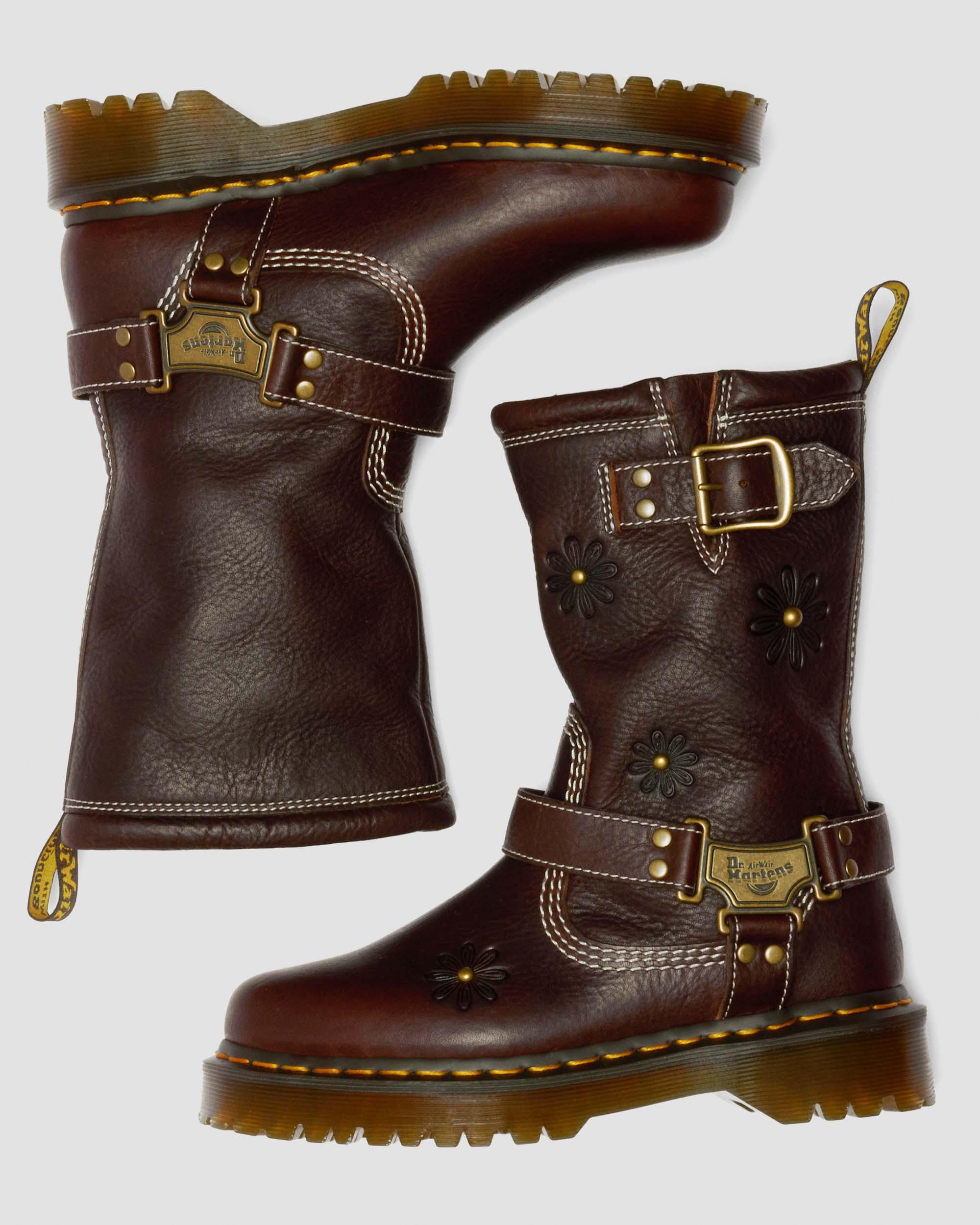 Anistone Hi Flower Leather Biker Boots in DARK BROWN | Dr. Martens™