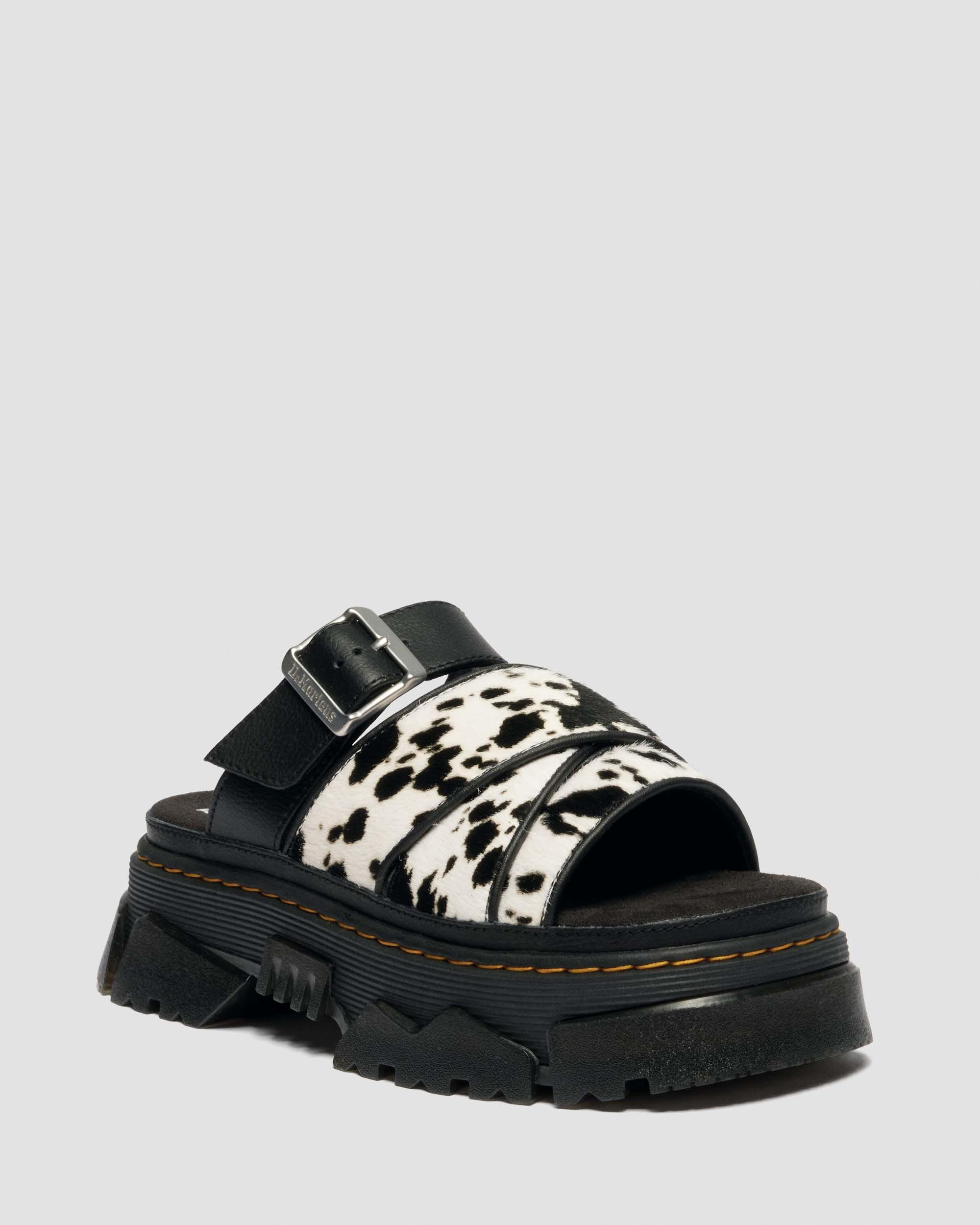 Mattison Slide Dalmatian Hair On Leather Sandals in CREAM+BLACK