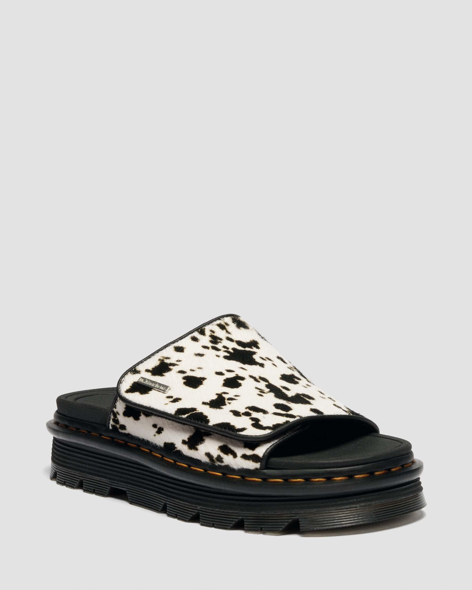 Zebzag Dalmatian Hair On Leather Platform Slides in Cream & Black