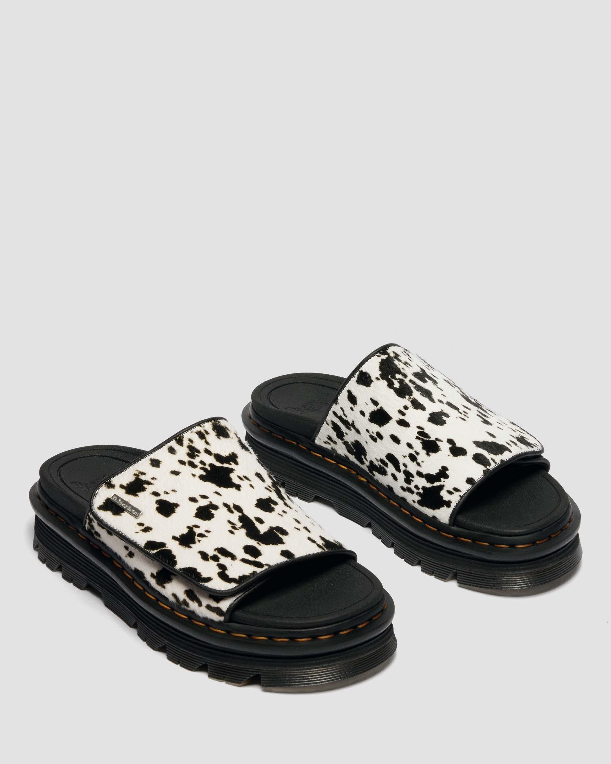 Zebzag Dalmatian Hair On Leather Platform Slides in Crème & Noir