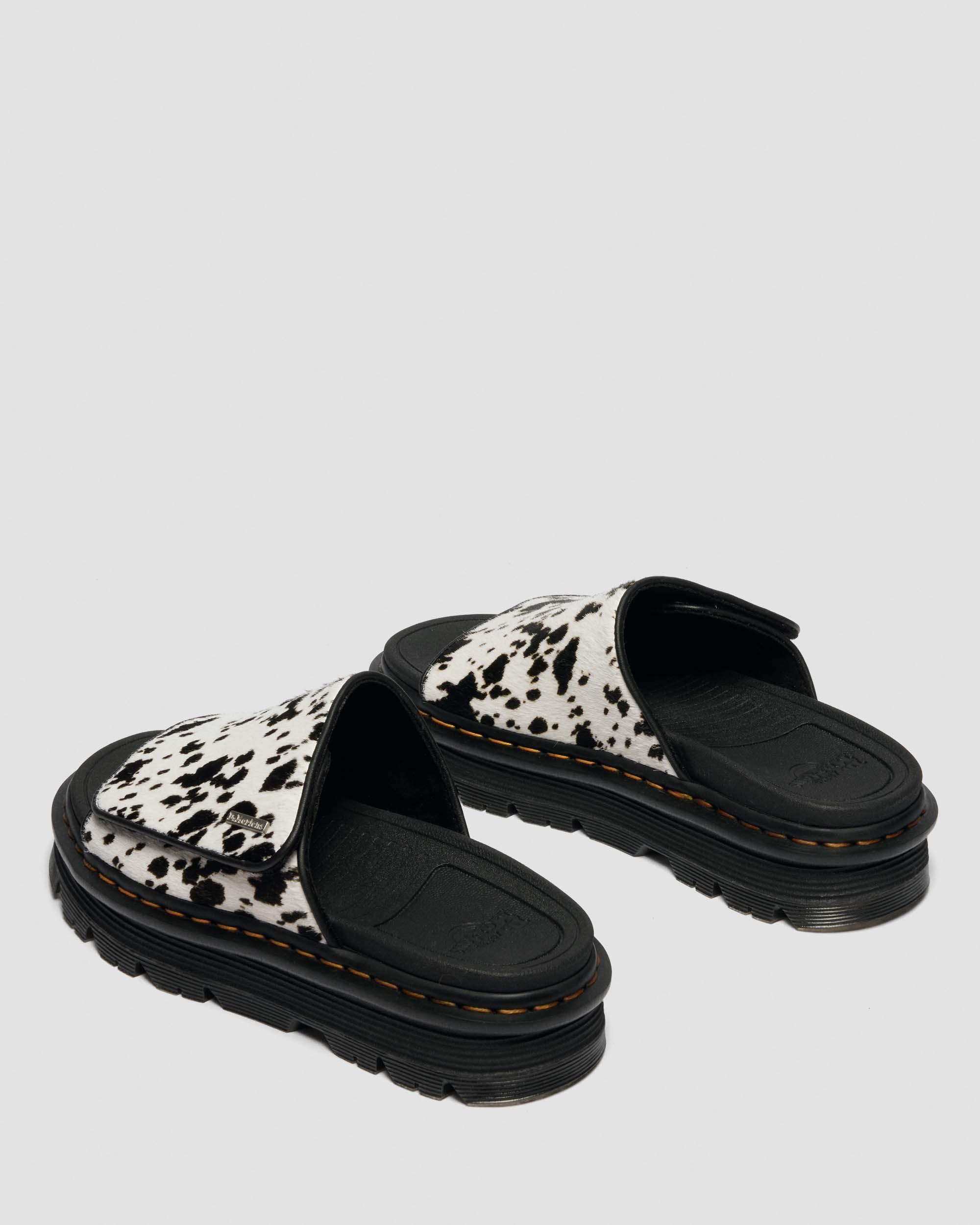 Zebzag Dalmatian Hair On Leather Platform Slides in Crème & Noir