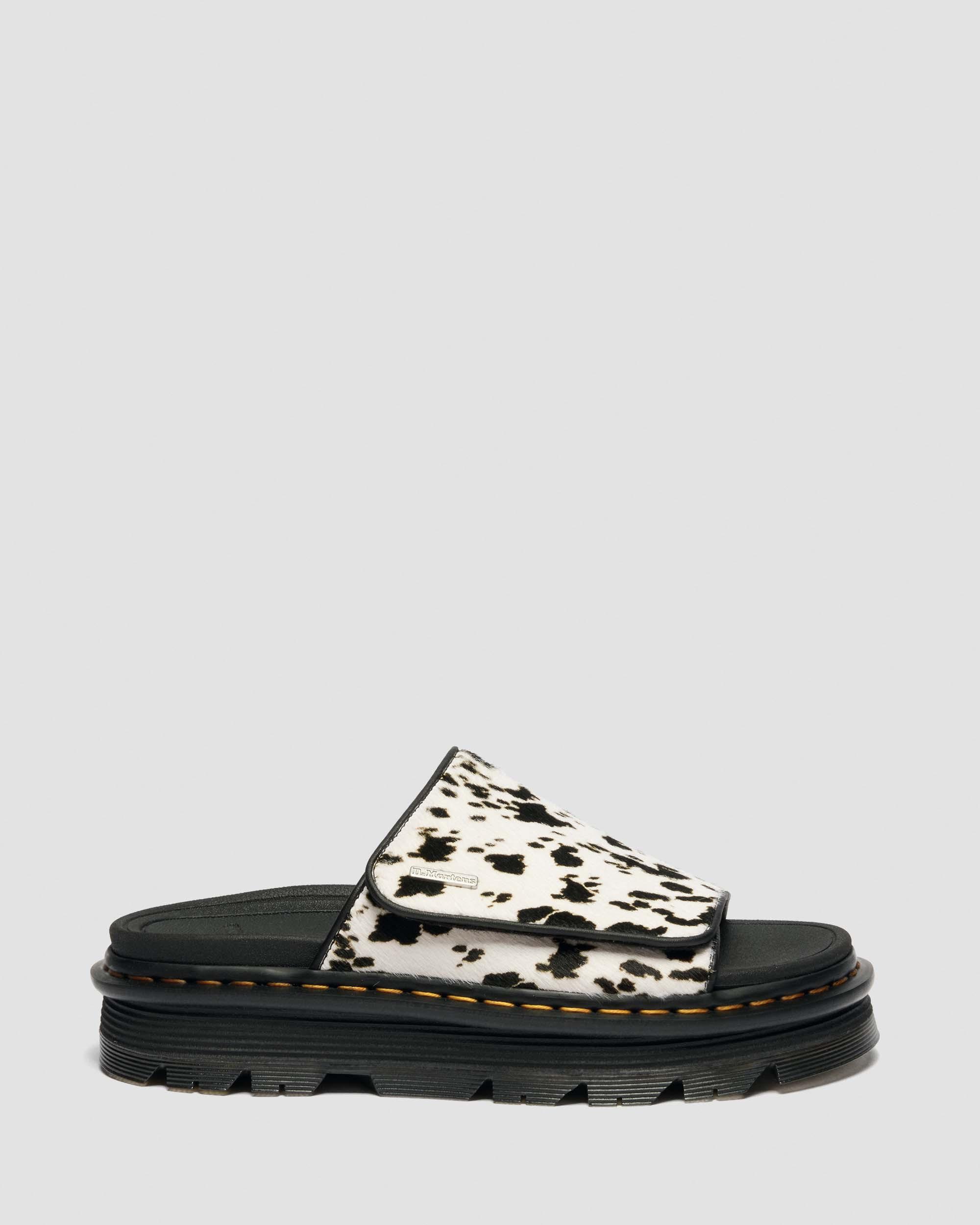 Zebzag Dalmatian Hair On Leather Platform Slides in Crème & Noir