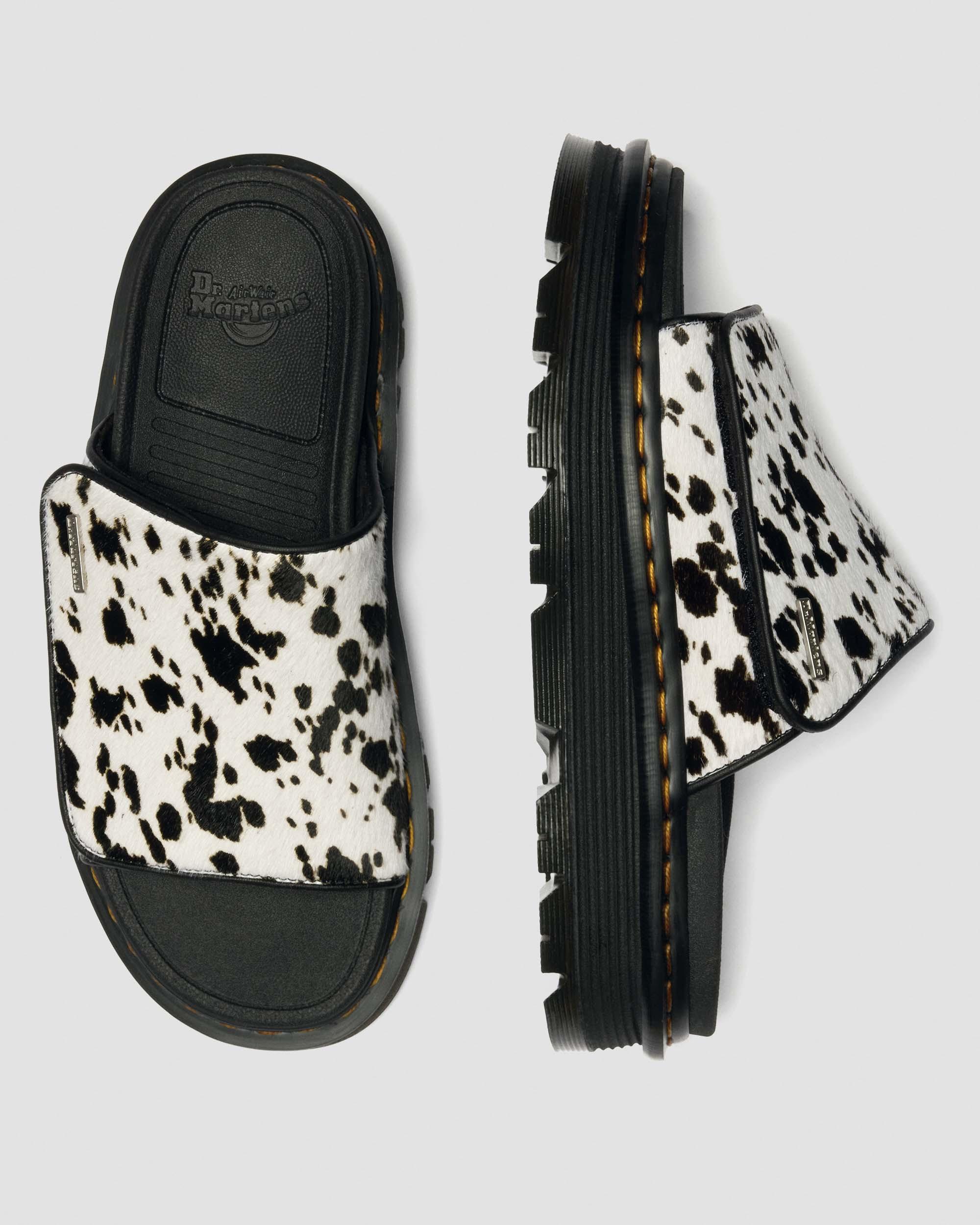 Zebzag Dalmatian Hair On Leather Platform Slides in Crème & Noir
