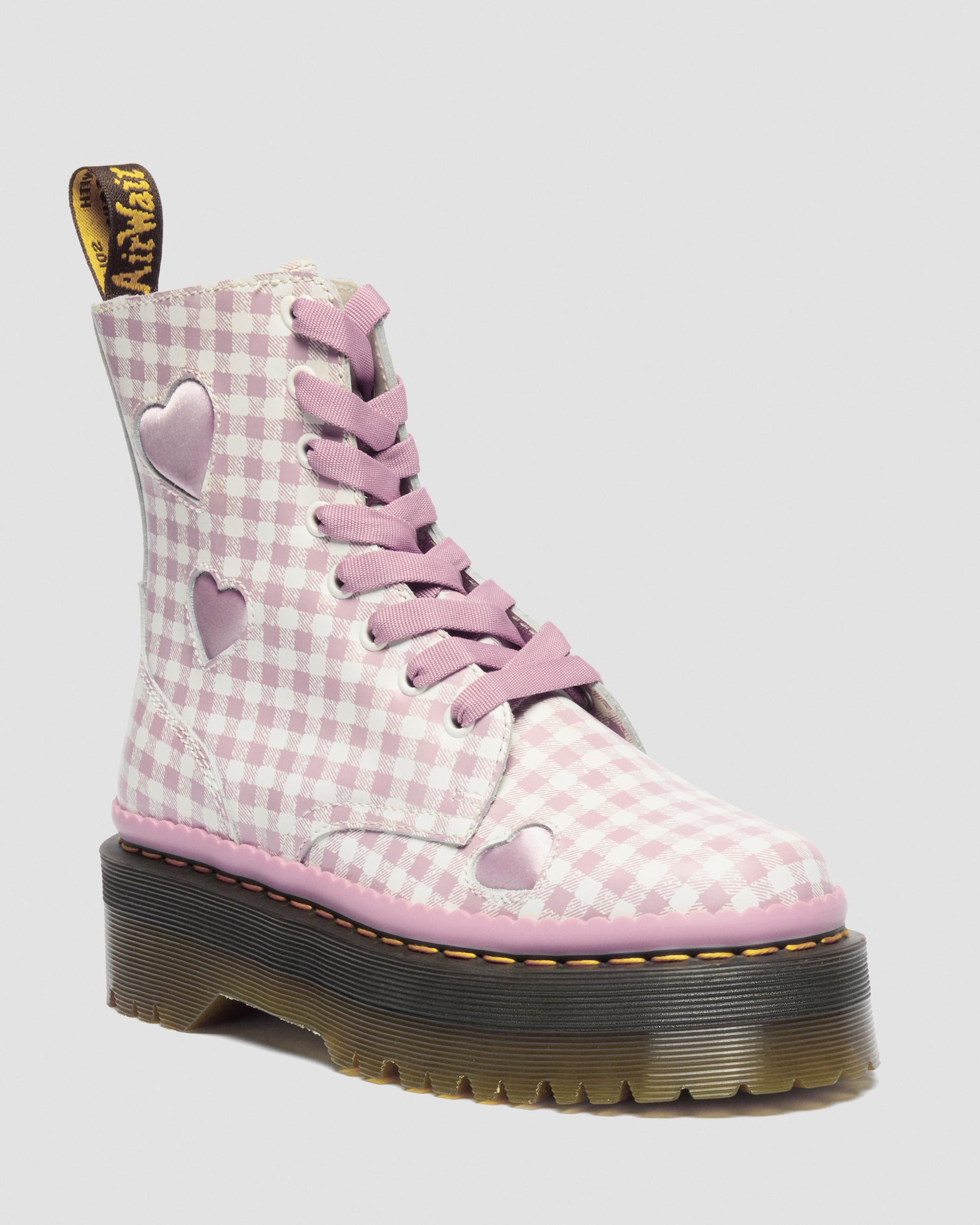 Jadon Heart Gingham Leather Platform Boots in White | Dr. Martens