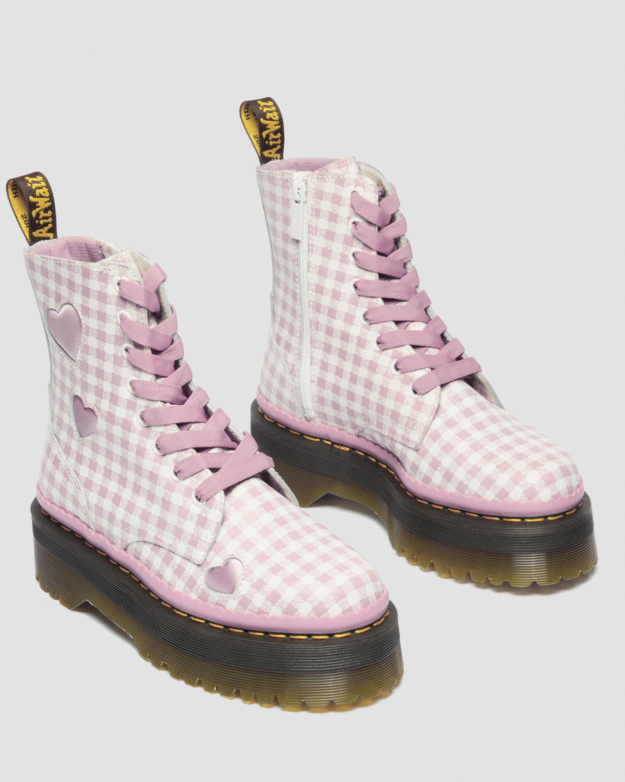 Jadon Heart Gingham Leather Platform Boots in White+Dusty Rose