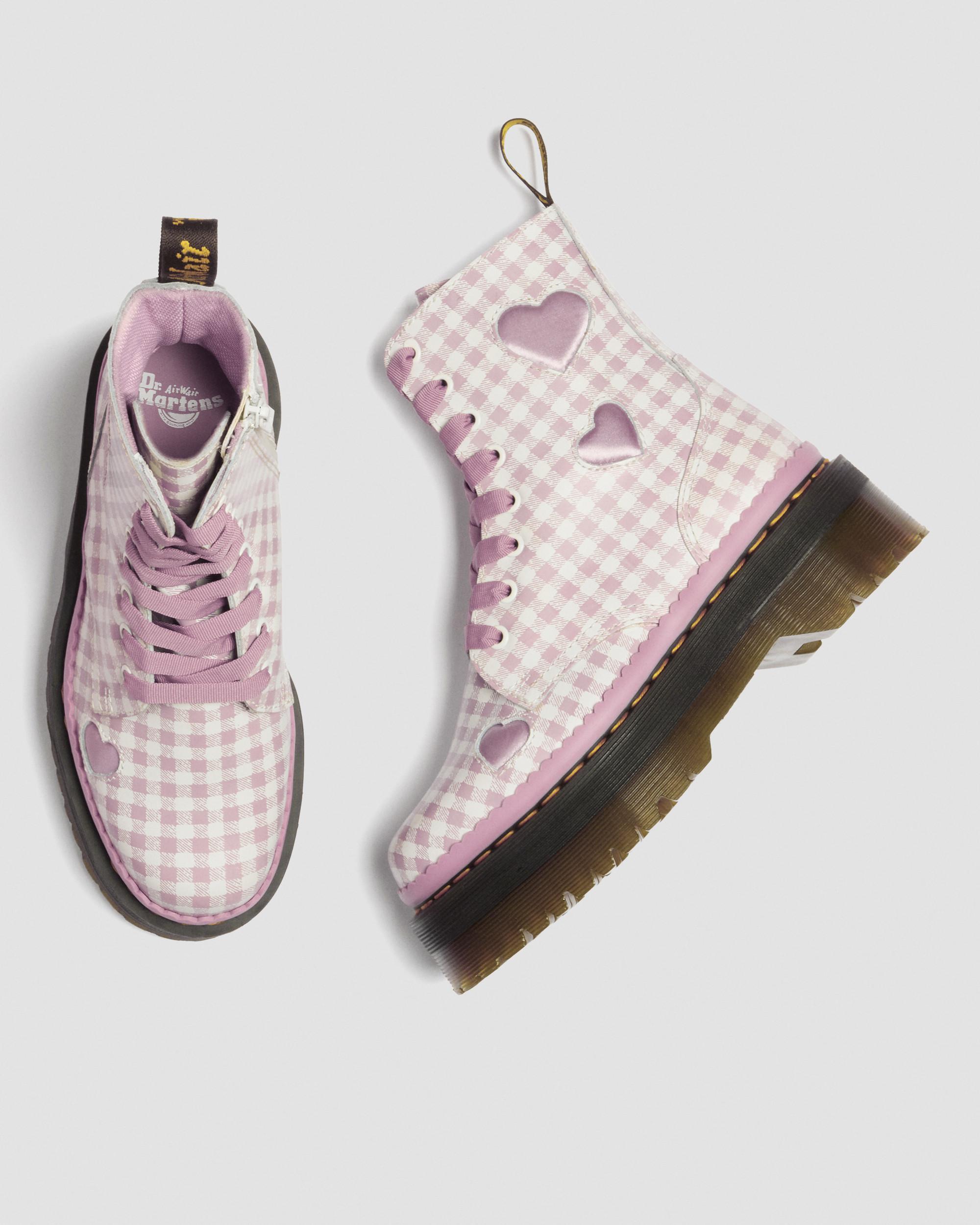 Jadon Heart Gingham Leather Platform Boots in White+Dusty Rose