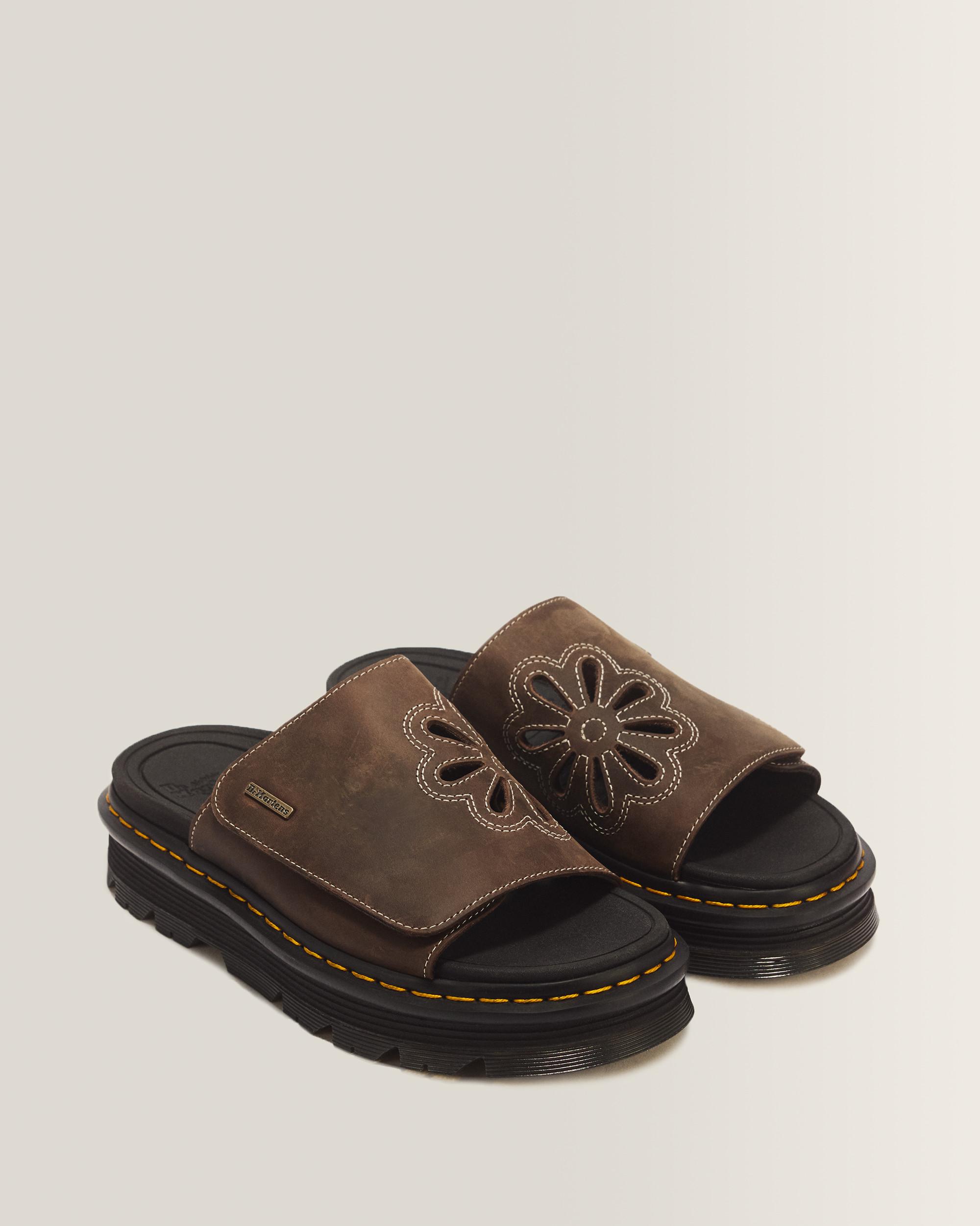 Zebzag Flower Crazy Horse Leather Slides in Dark Brown | Dr. Martens