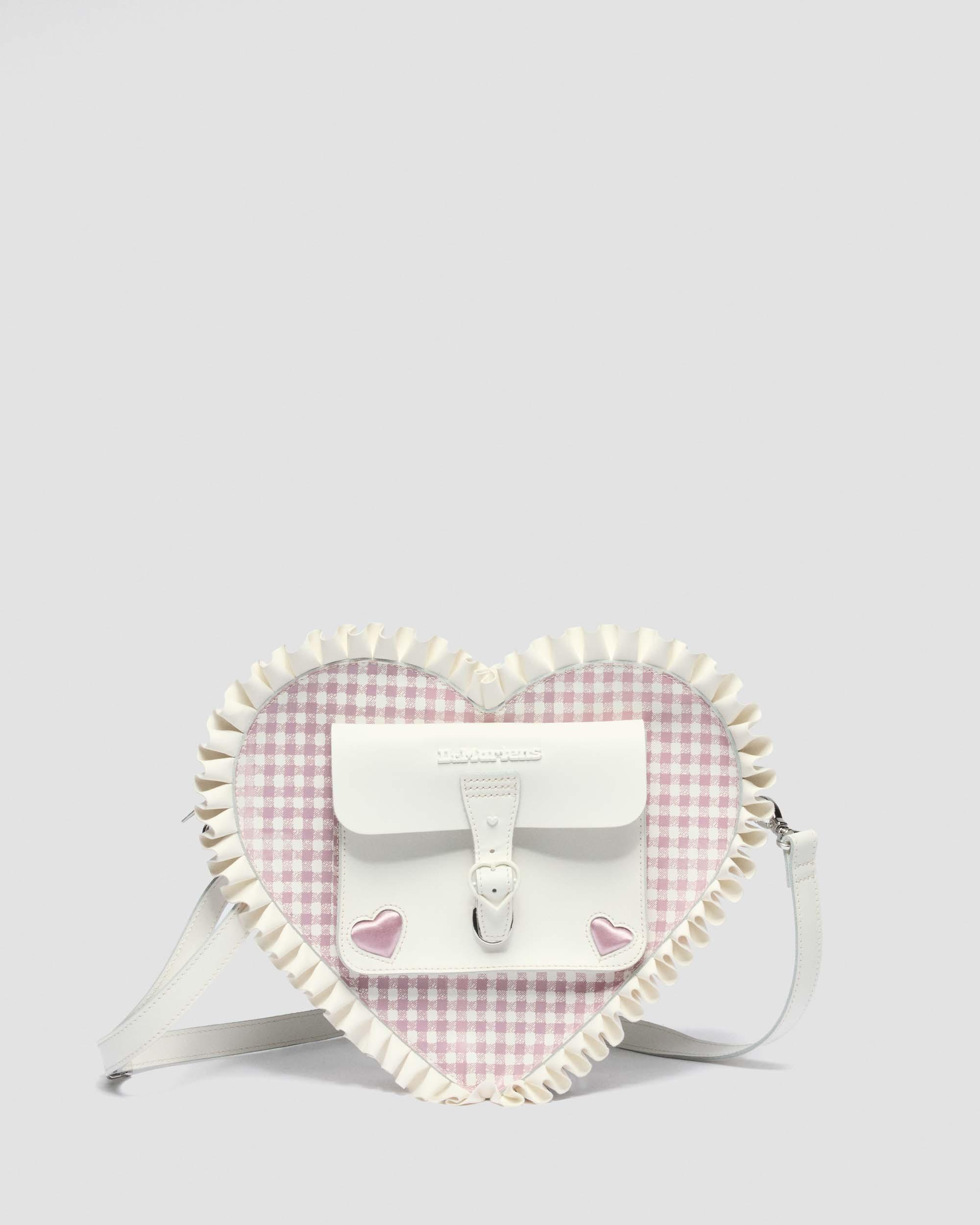 Frilled Gingham Leather Heart Backpack in White+Dusty Rose