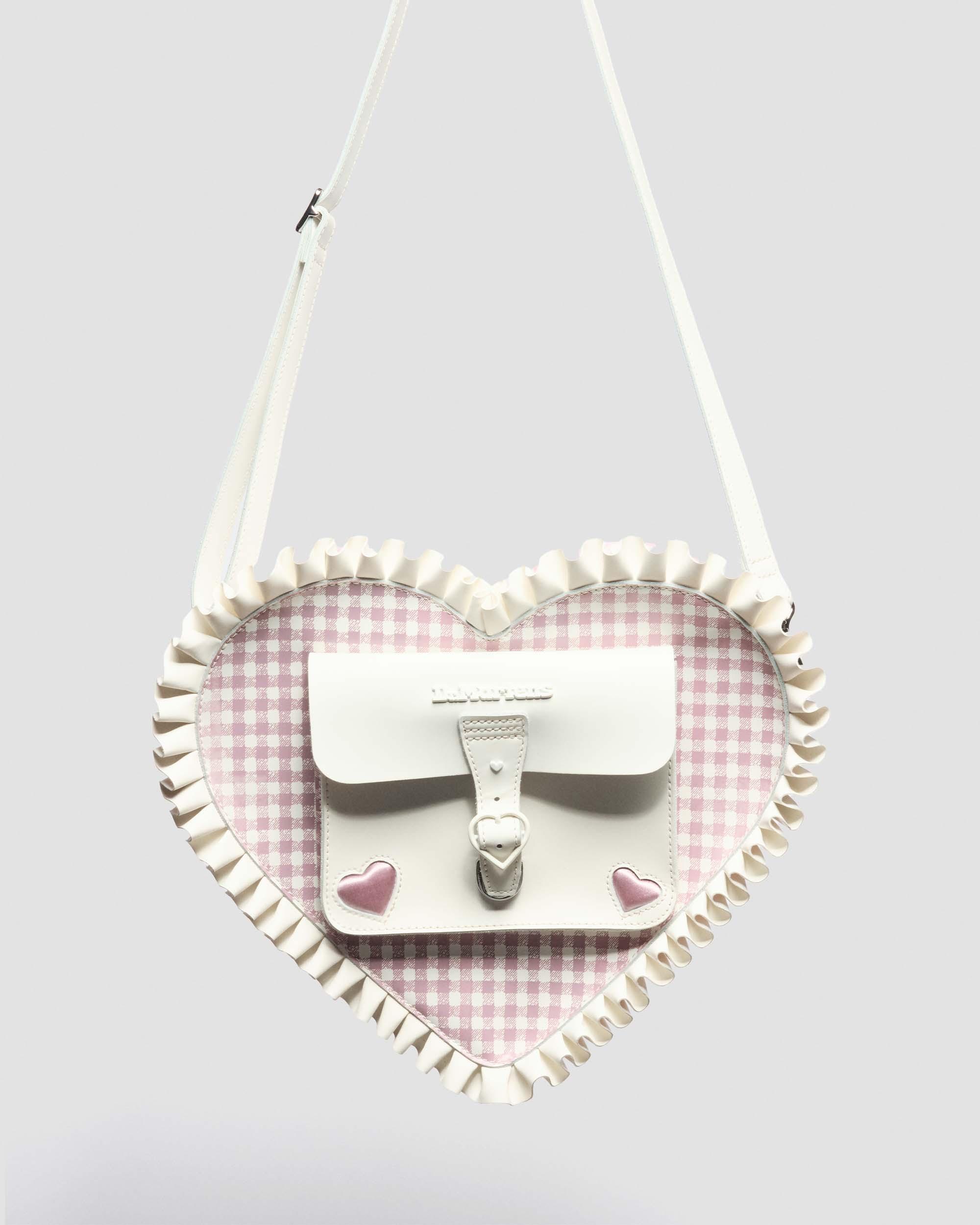 Frilled Gingham Leather Heart Backpack in White+Dusty Rose